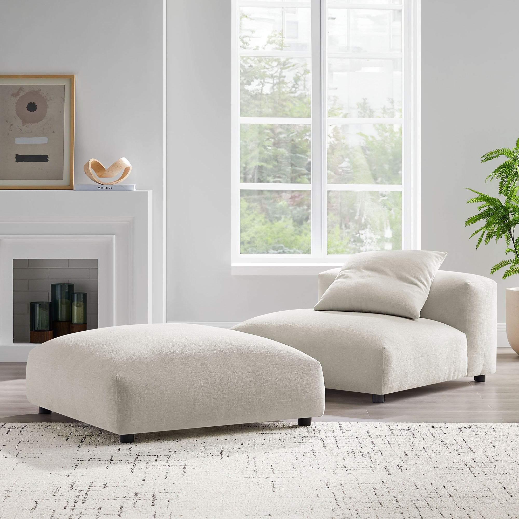 Solace Modular Upholstered Fabric Armless Chair and Ottoman Set, Salt