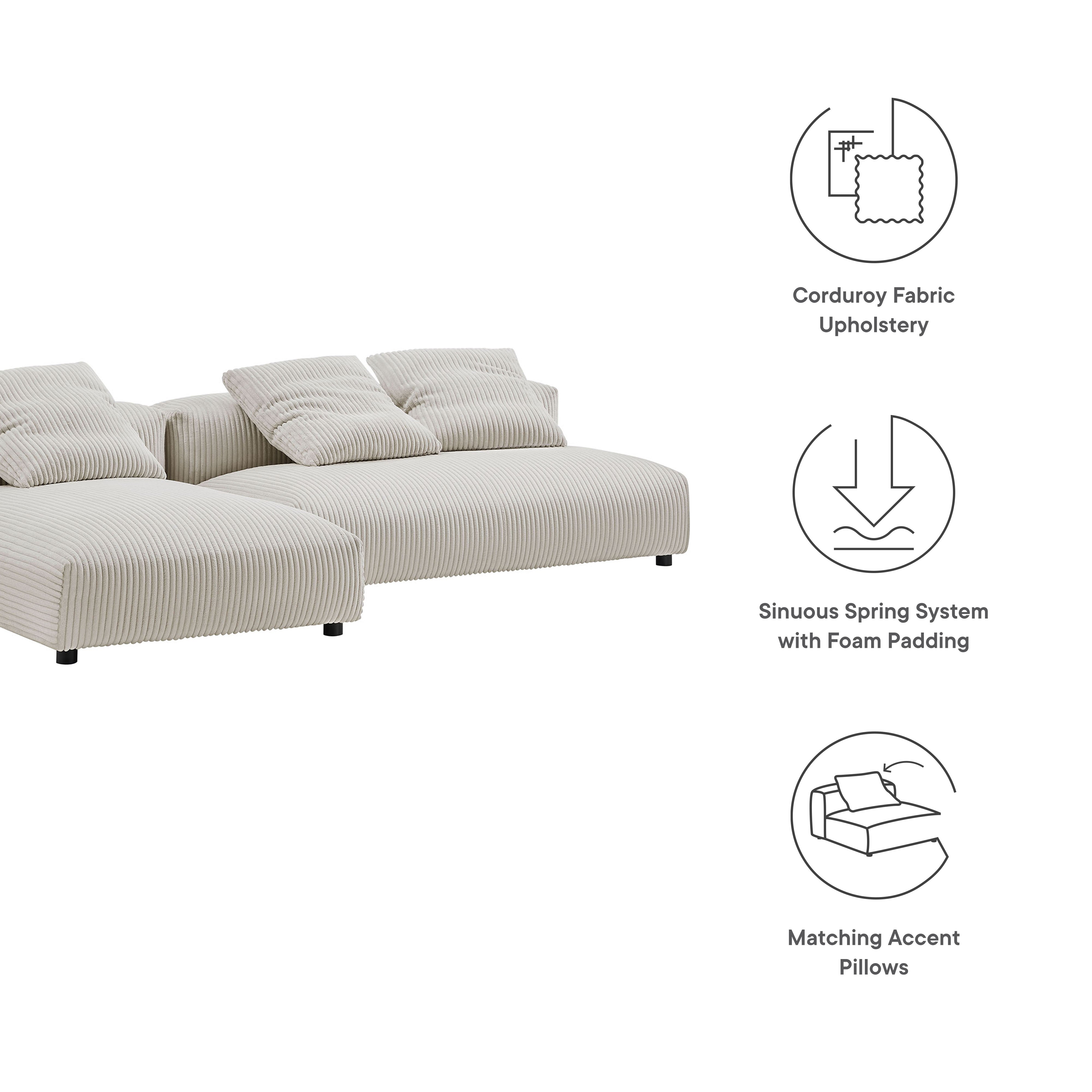 Solace 2-Piece Modular Corduroy Upholstered Sectional Sofa With Chaise, Almond