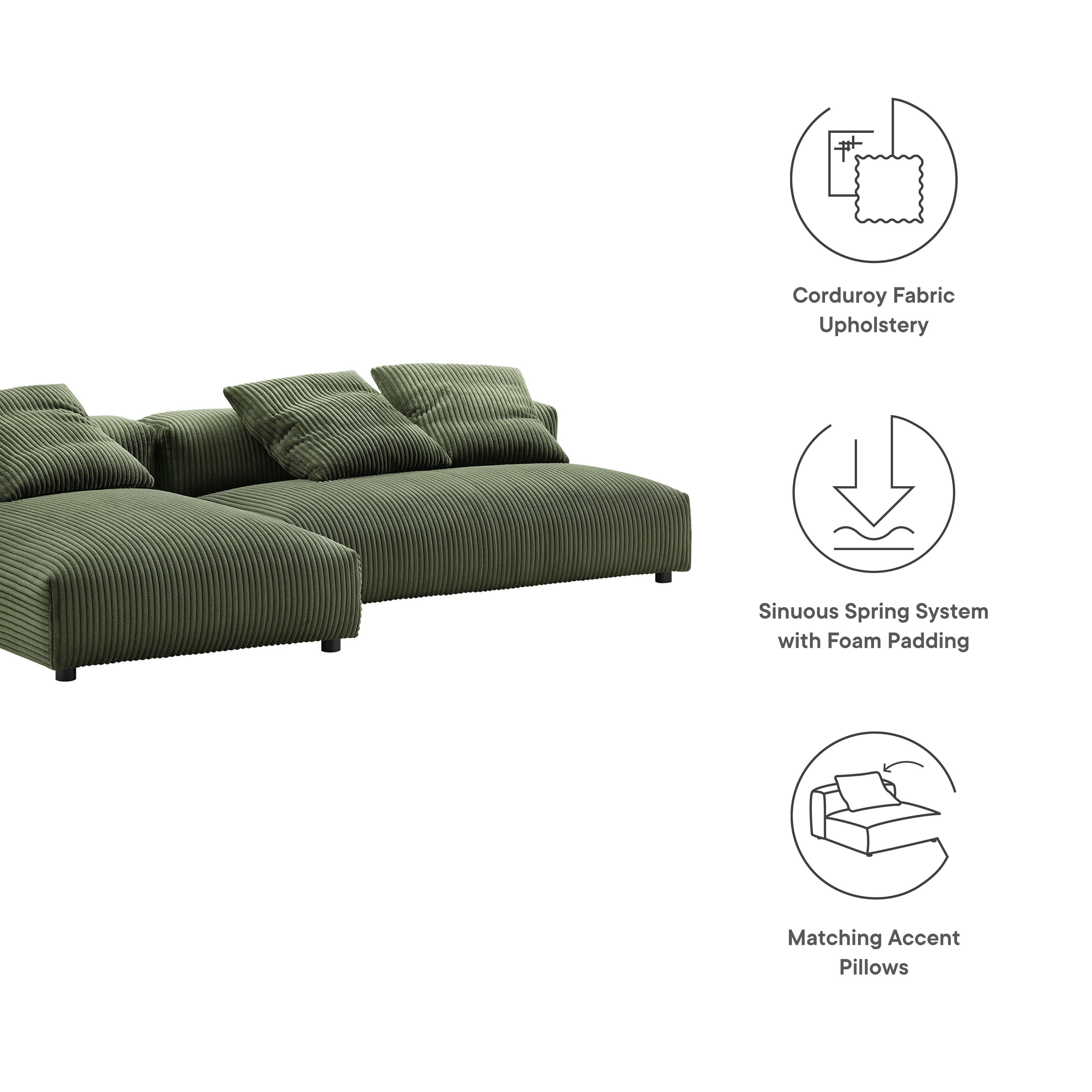 Solace 2-Piece Modular Corduroy Upholstered Sectional Sofa With Chaise, Fern