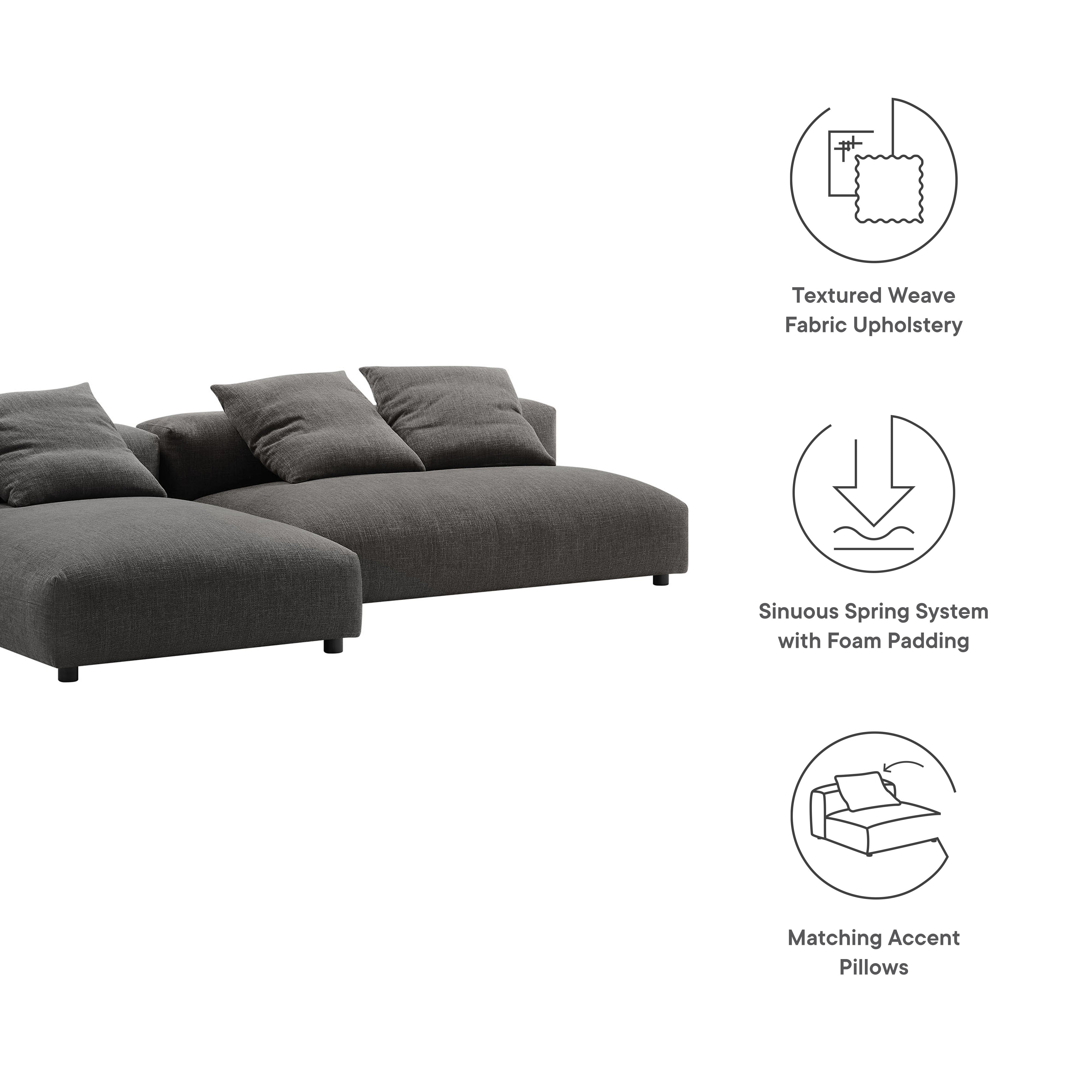 Solace 2-Piece Modular Upholstered Fabric Sectional Sofa With Chaise, Charcoal