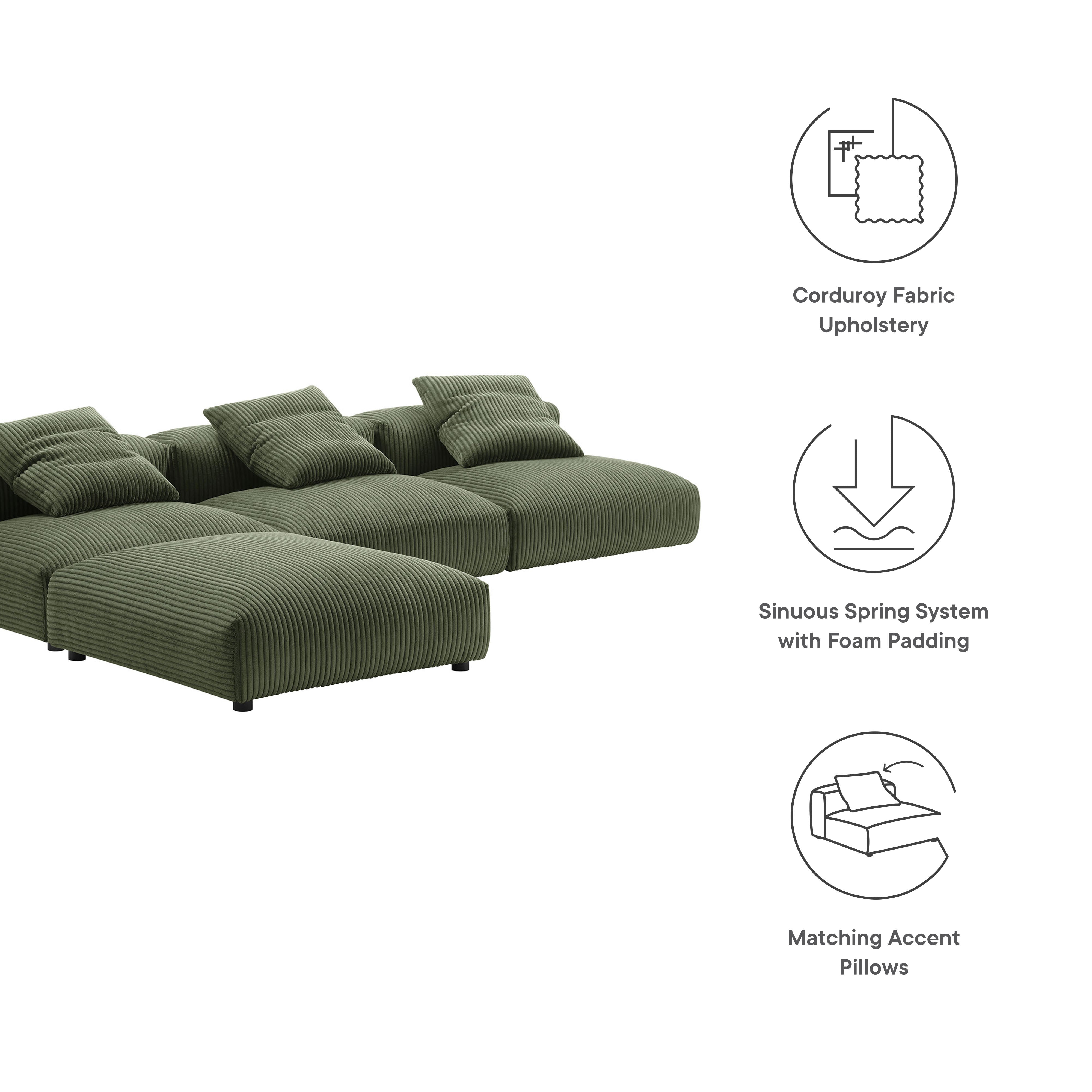 Solace 4-Piece Modular Corduroy Upholstered Sectional Sofa, Fern
