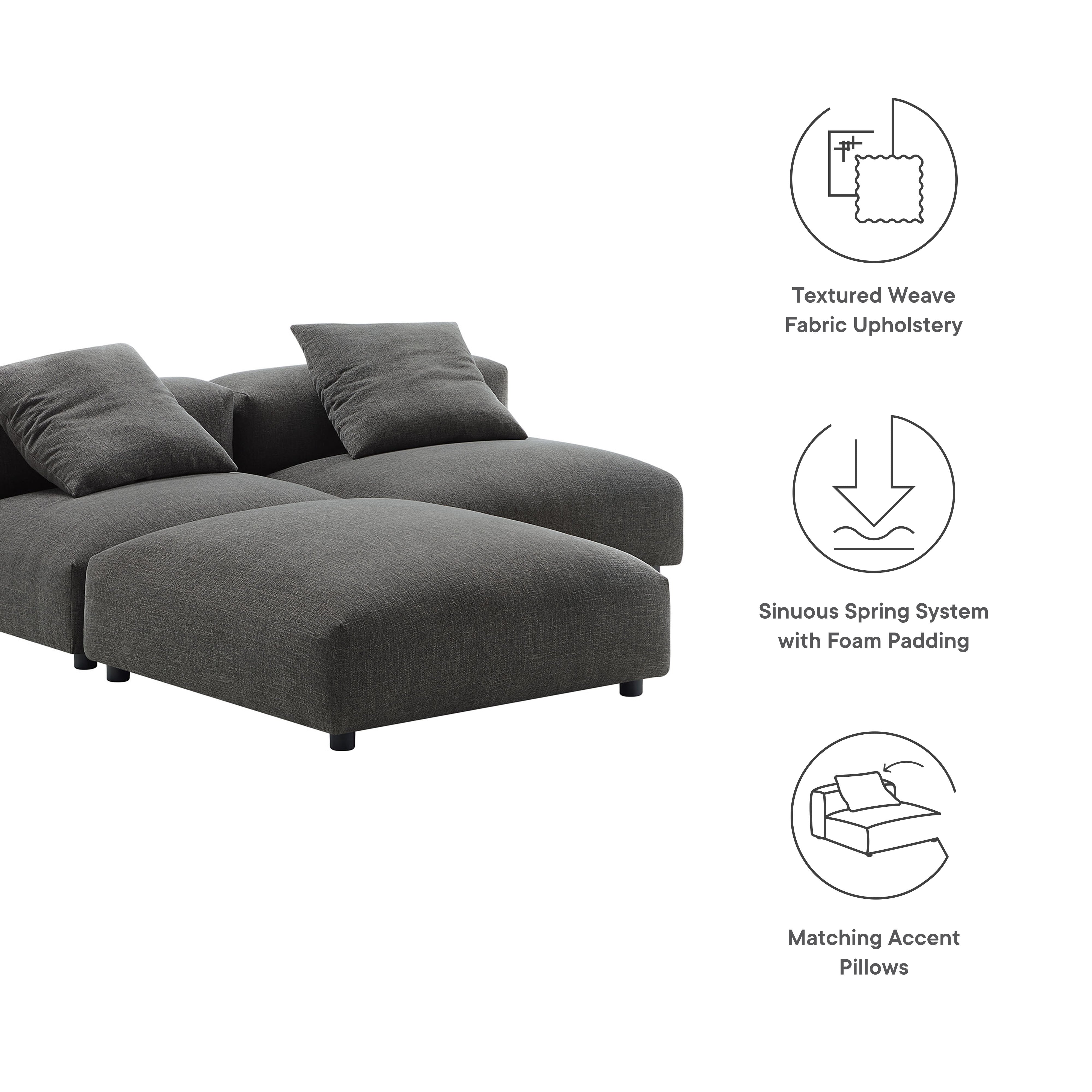 Solace 3-Piece Modular Upholstered Fabric Sectional Sofa, Charcoal