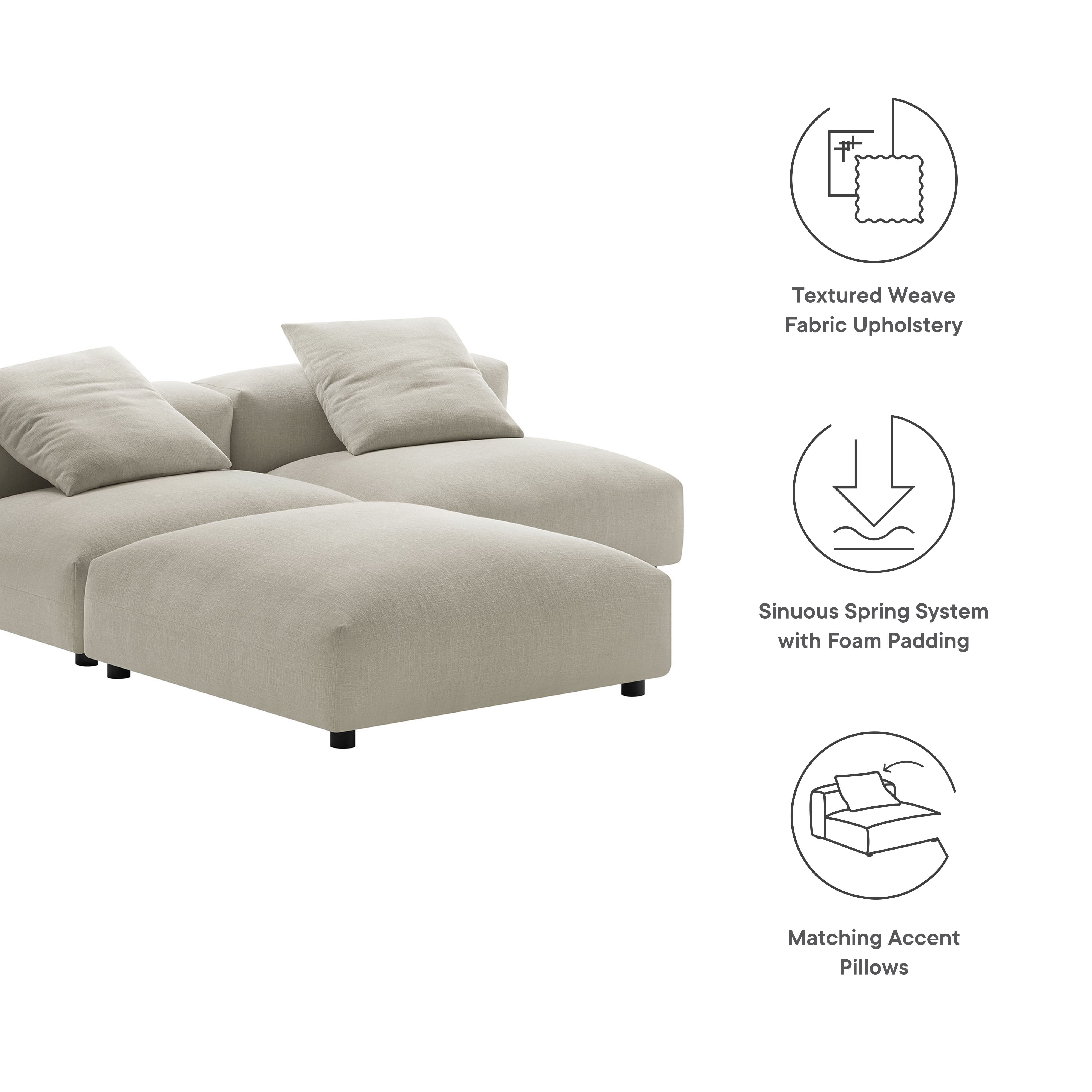 Solace 3-Piece Modular Upholstered Fabric Sectional Sofa, Linen