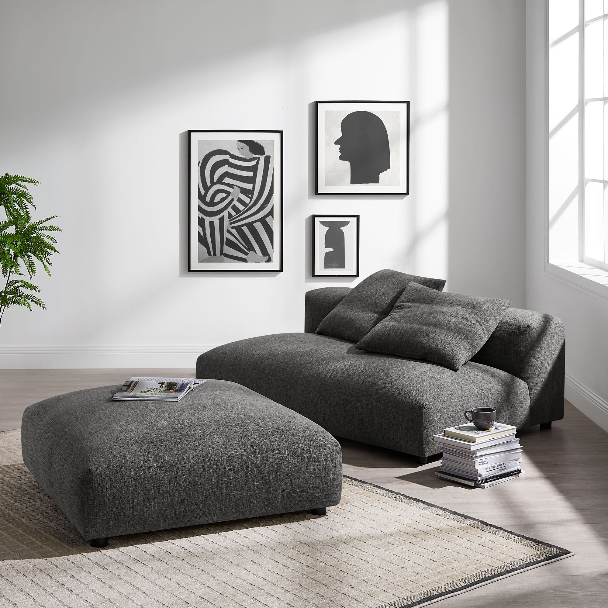 Solace Modular Upholstered Fabric Armless Loveseat and Ottoman Set, Charcoal