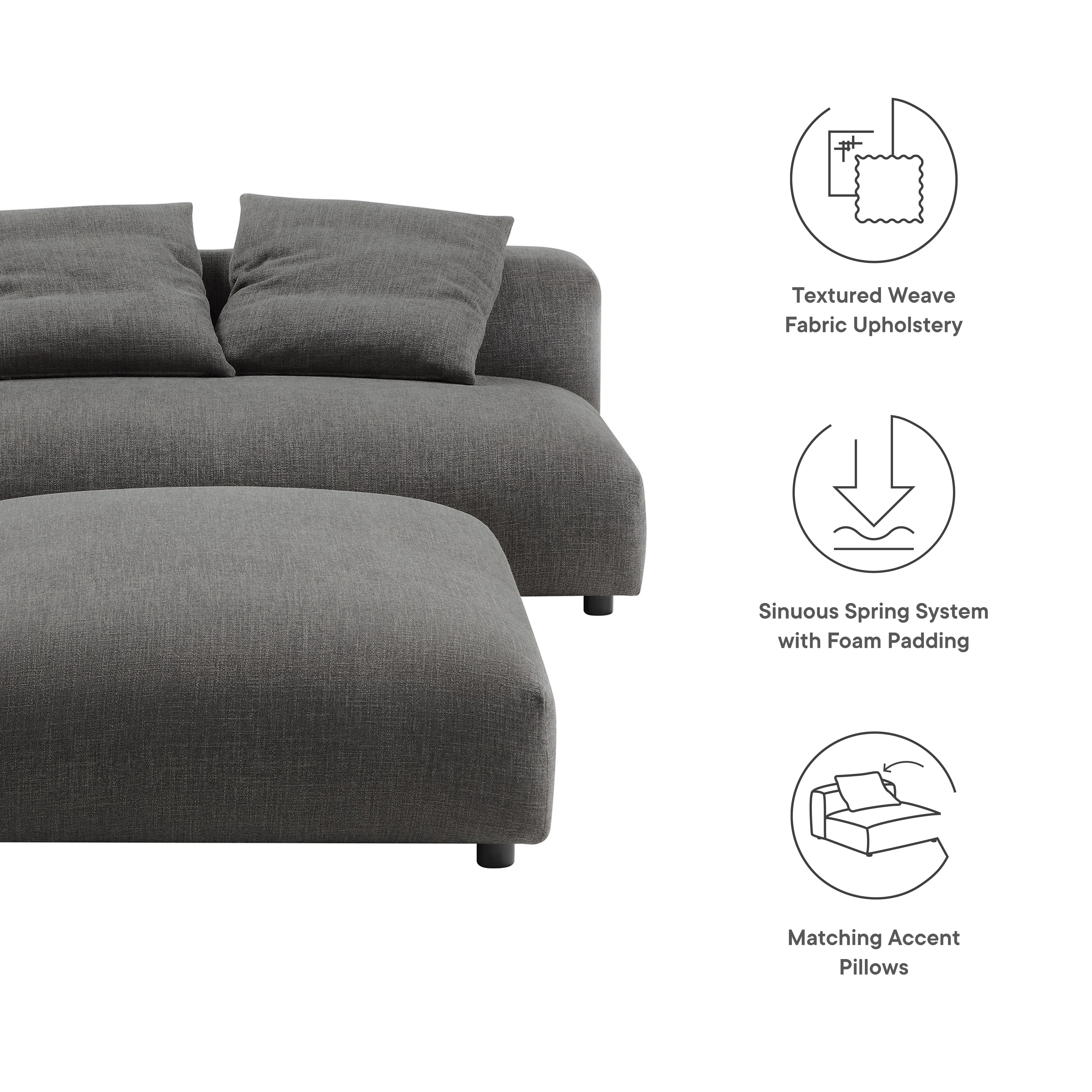 Solace Modular Upholstered Fabric Armless Loveseat and Ottoman Set, Charcoal