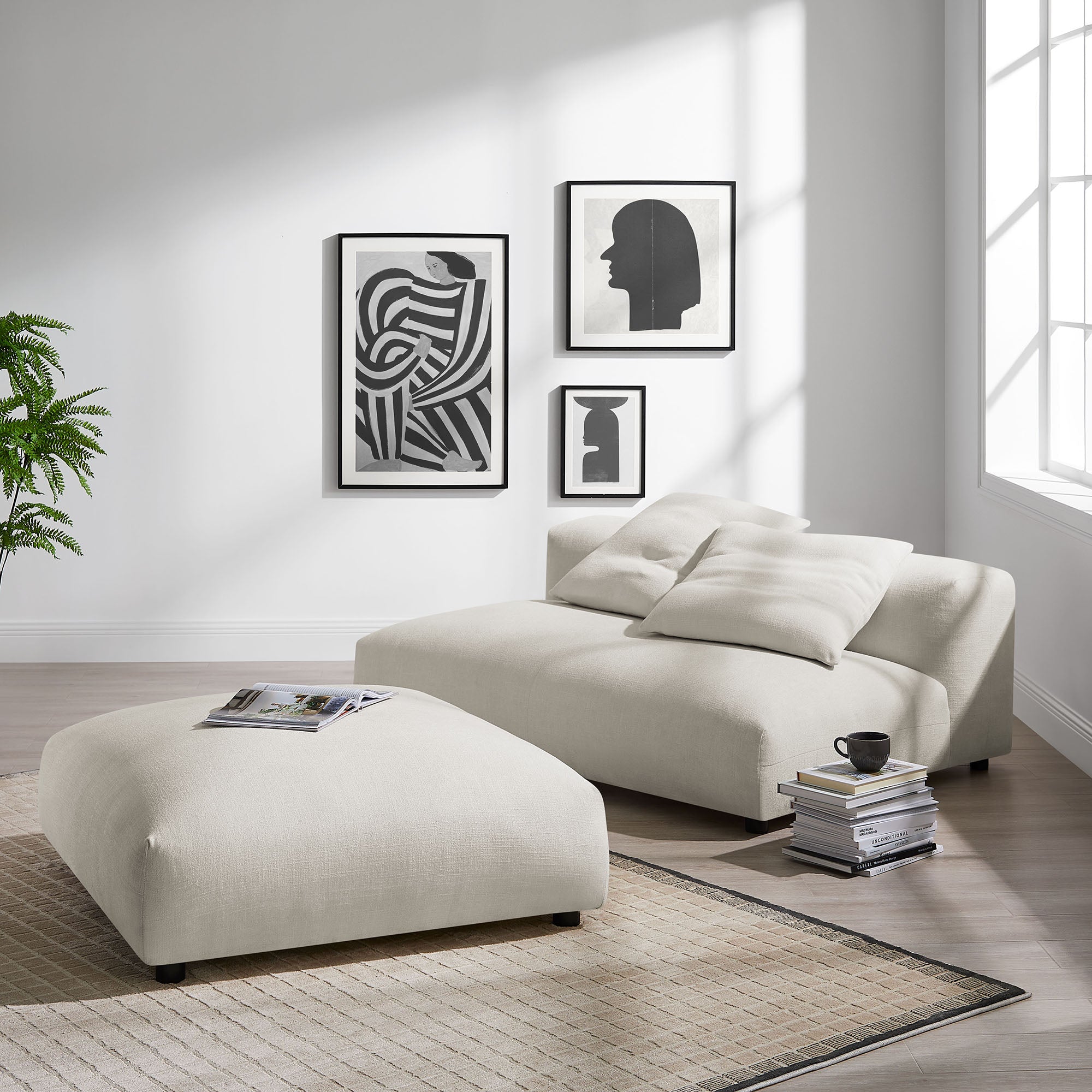 Solace Modular Upholstered Fabric Armless Loveseat and Ottoman Set, Salt