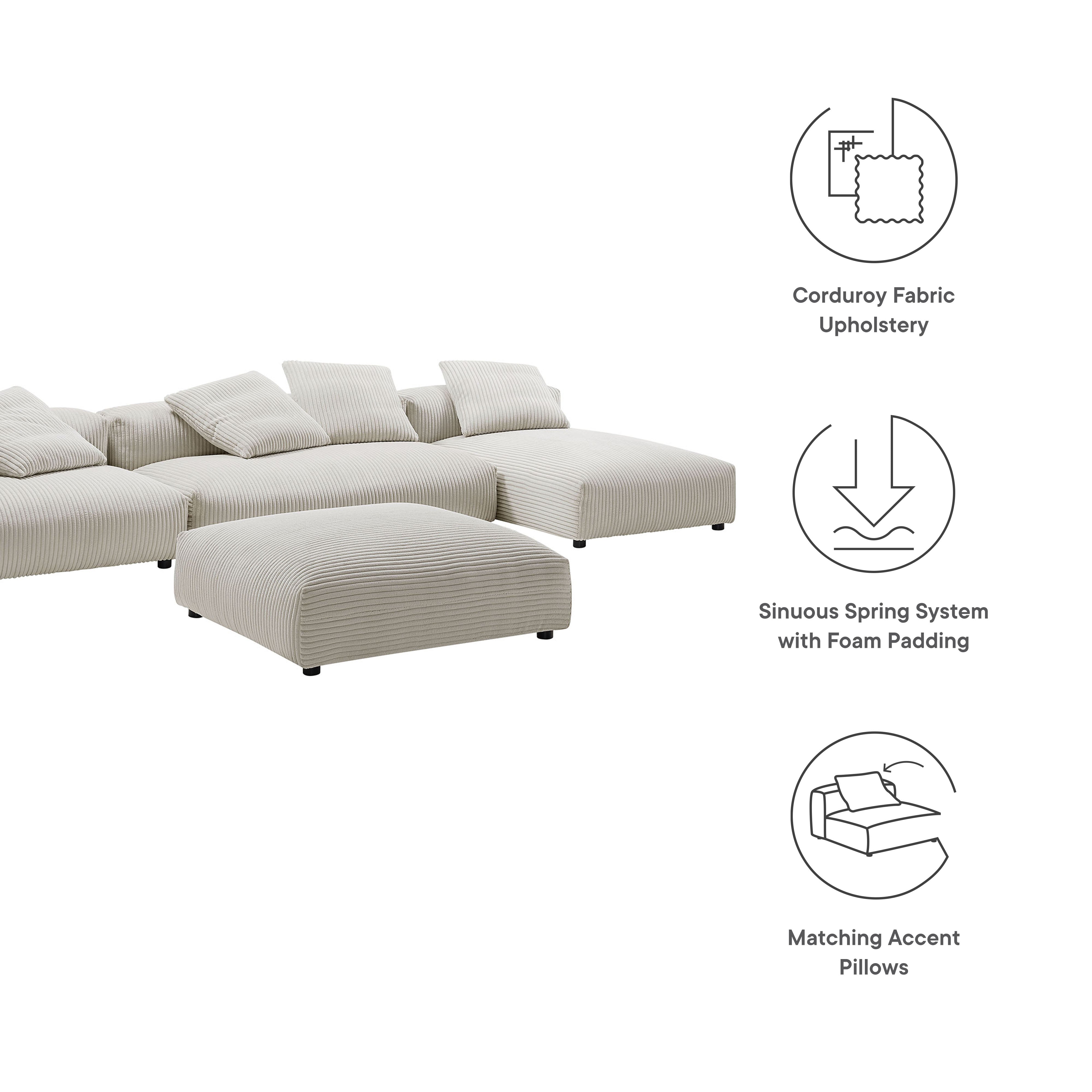 Solace 4-Piece Modular Corduroy Upholstered Sectional Sofa With Ottoman, Almond