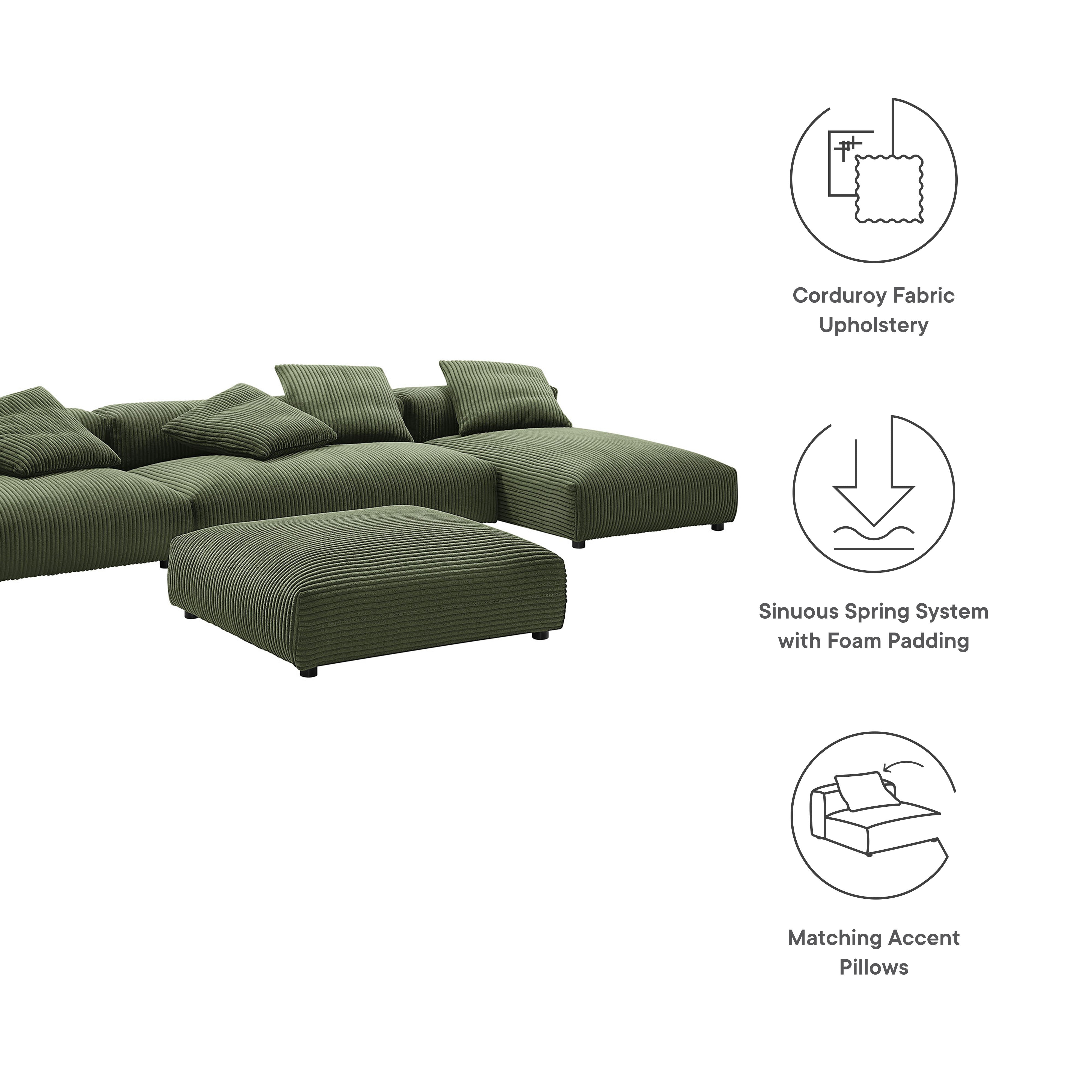 Solace 4-Piece Modular Corduroy Upholstered Sectional Sofa With Ottoman, Fern