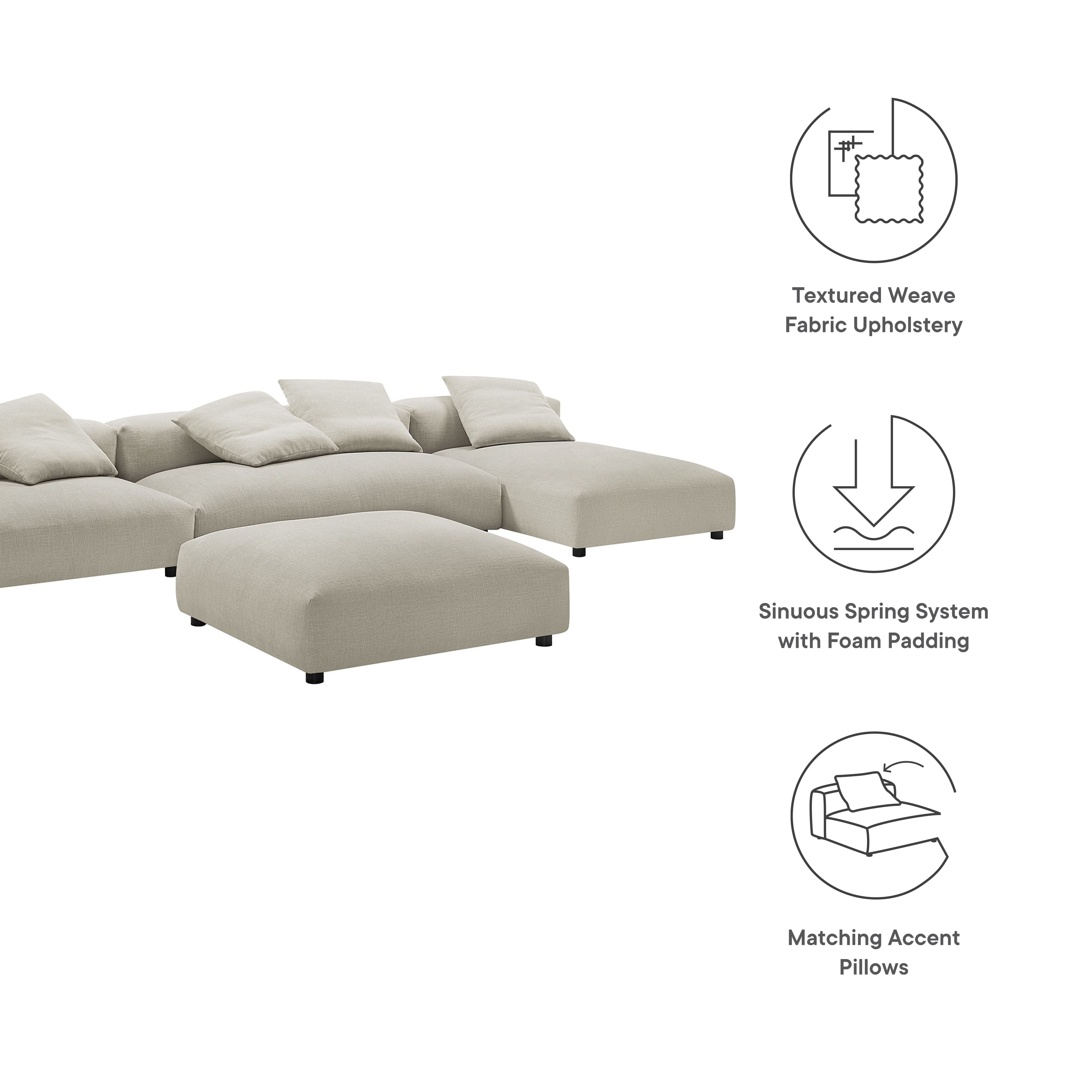 Solace 4-Piece Modular Upholstered Fabric Sectional Sofa With Ottoman, Linen