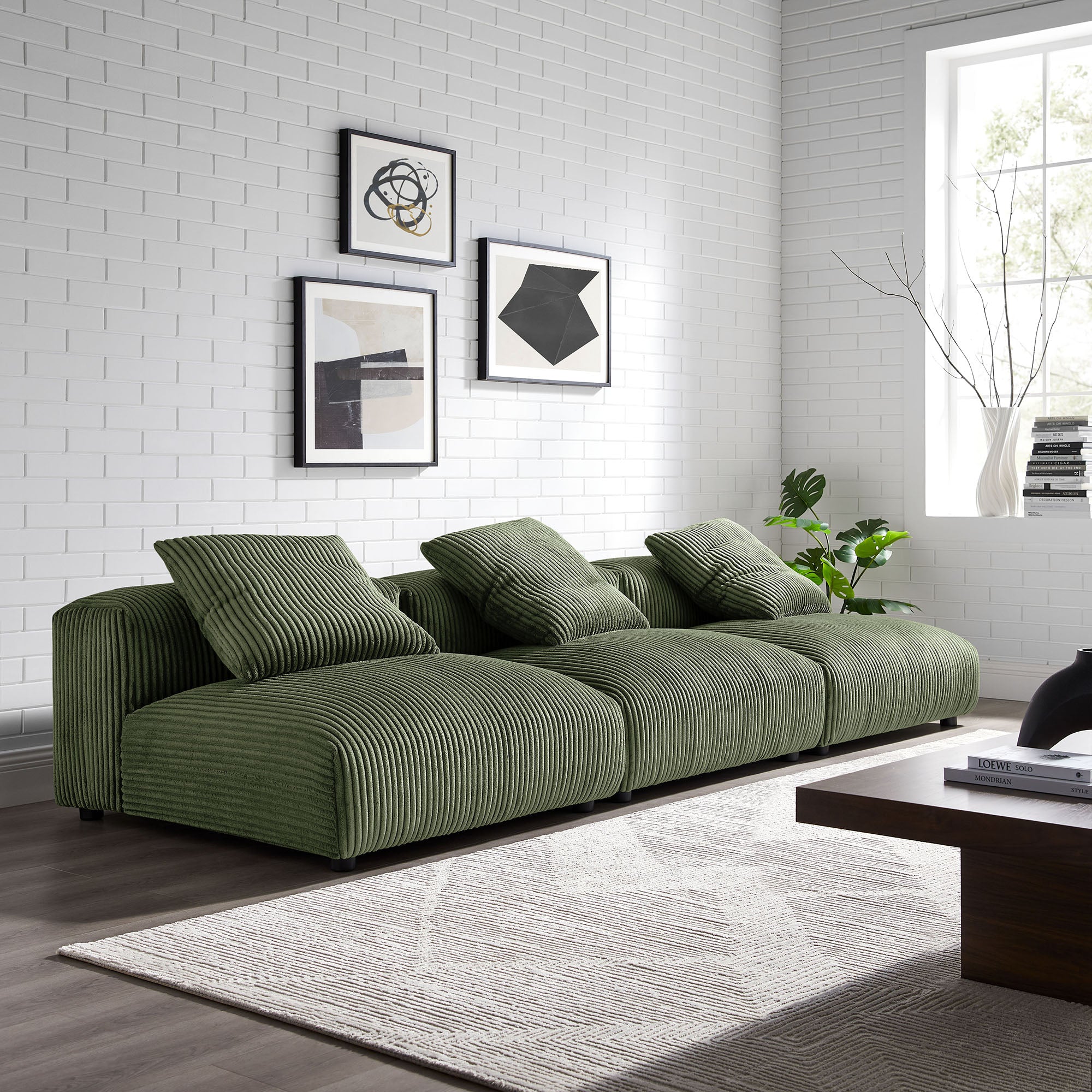 Solace 3-Piece Modular Corduroy Upholstered Sofa, Fern