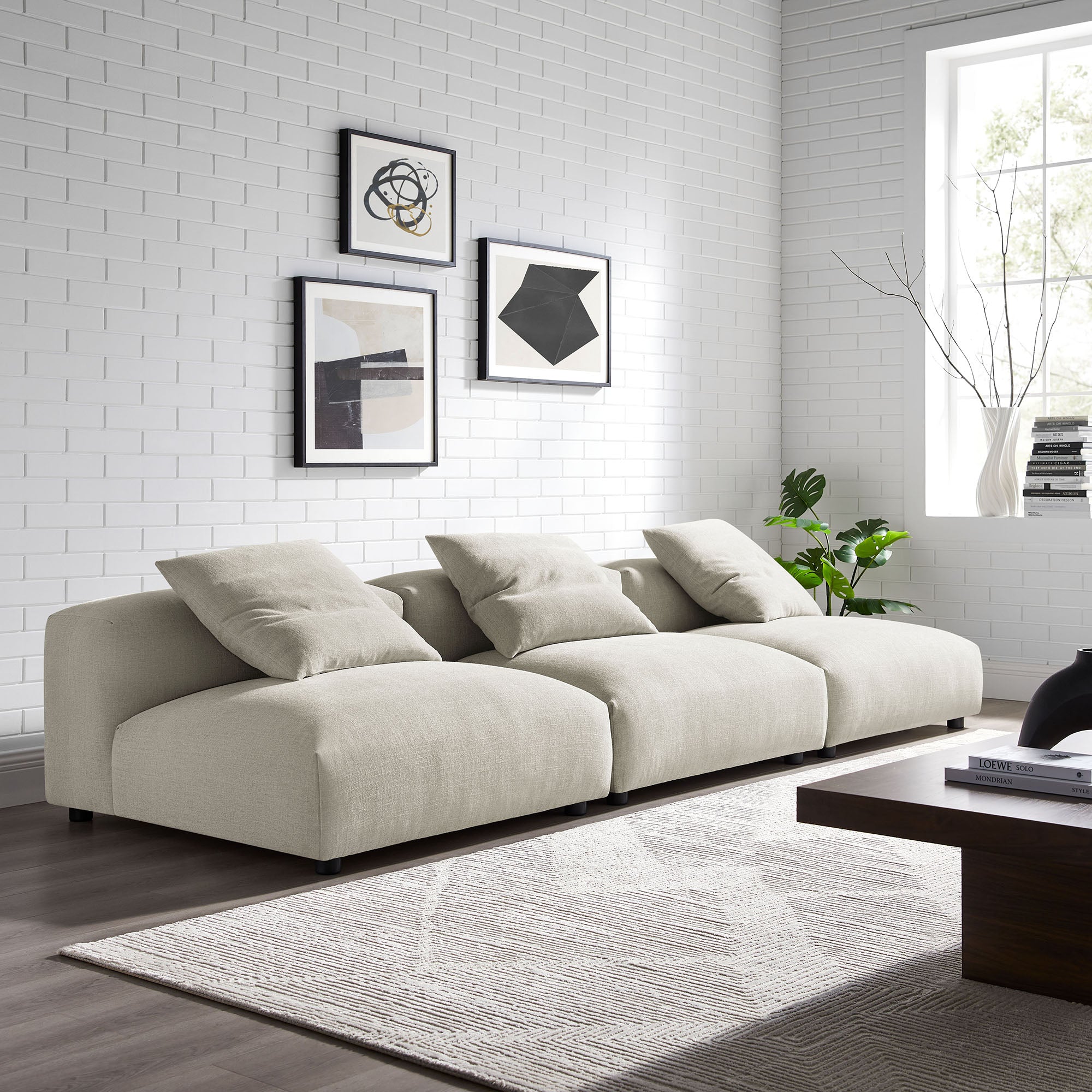 Solace 3-Piece Modular Upholstered Fabric Sofa, Linen