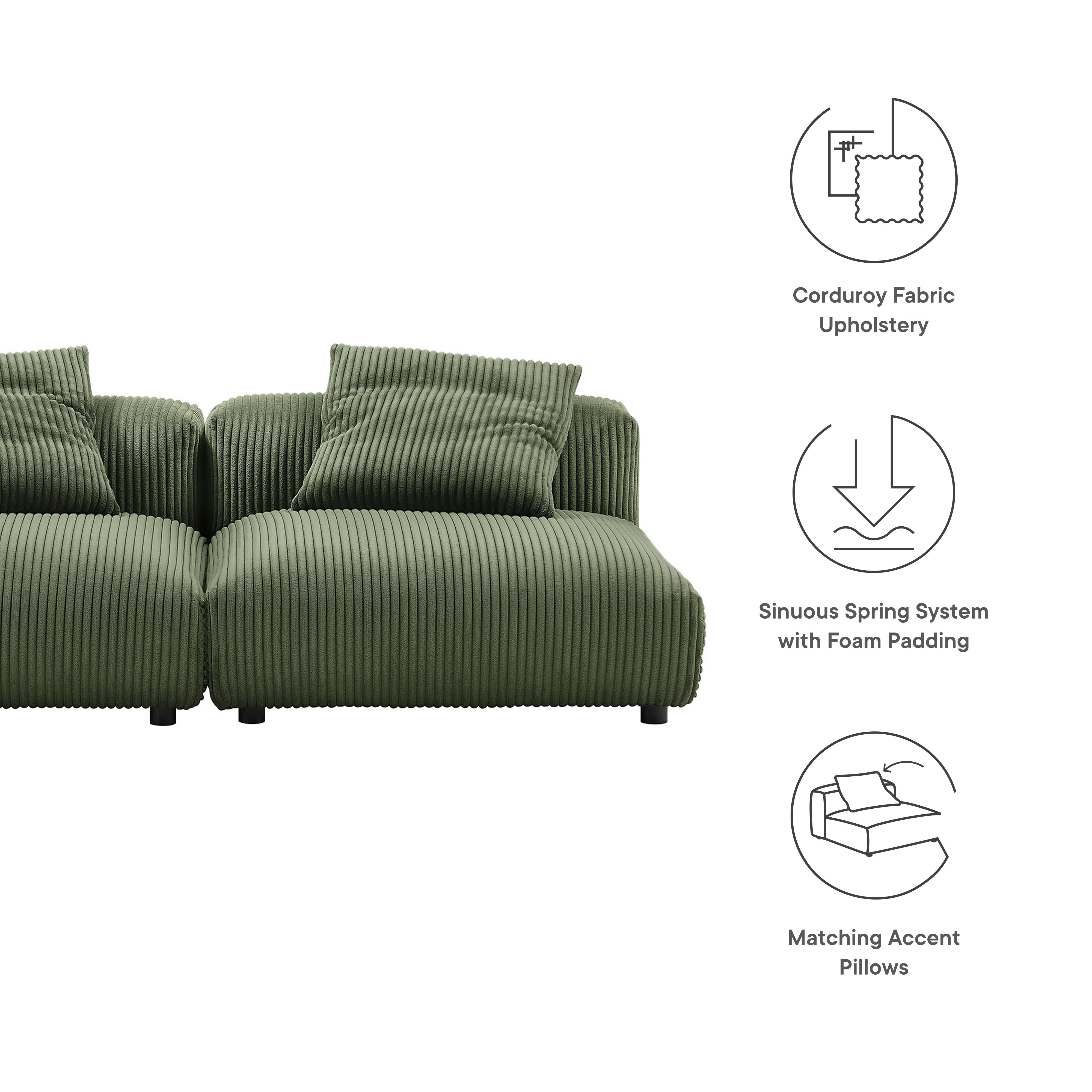 Solace 2-Piece Modular Corduroy Upholstered Sofa, Fern