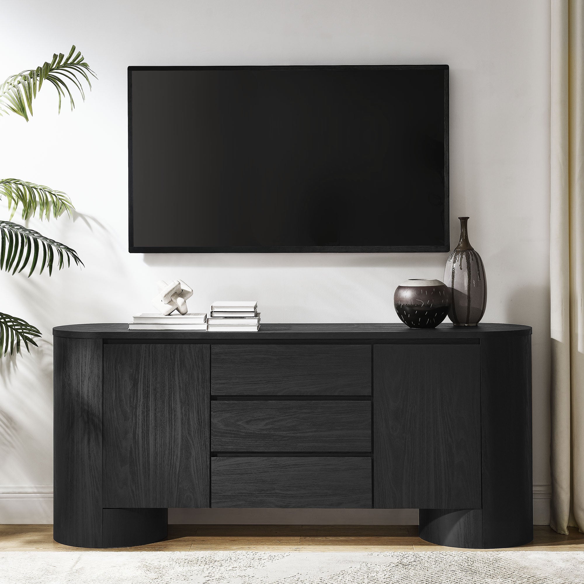Duval 71" Rounded Sideboard Storage Cabinet, Black