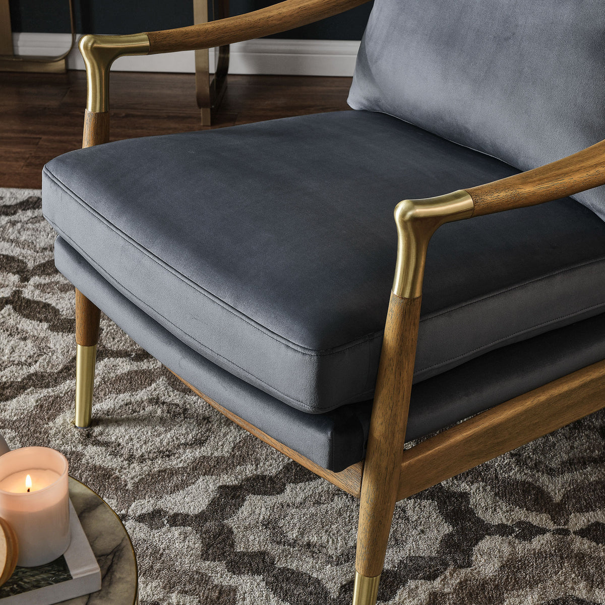 Langford Performance Velvet Accent Armchair, Cadet Blue Walnut