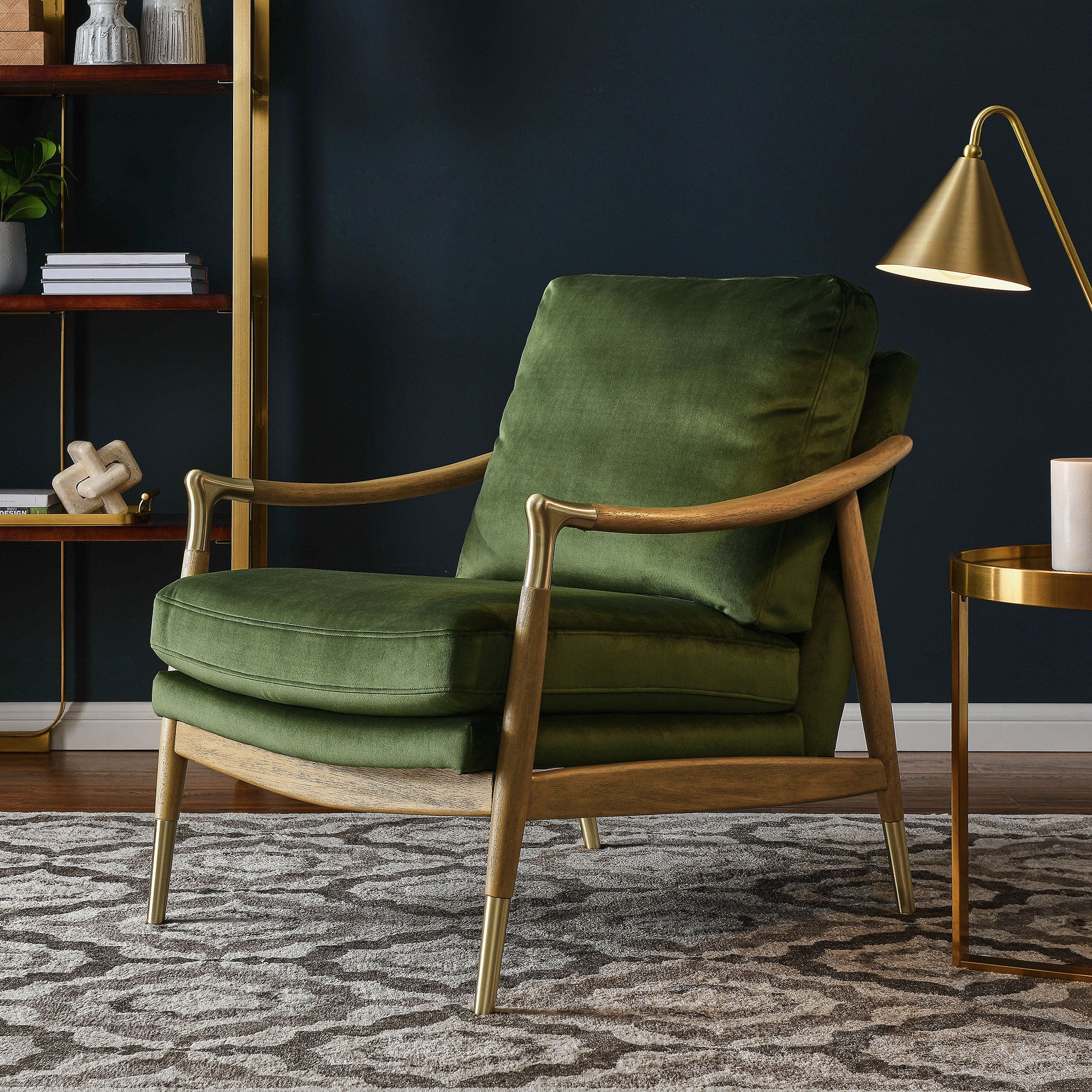 Langford Performance Velvet Accent Armchair, Moss Green Walnut