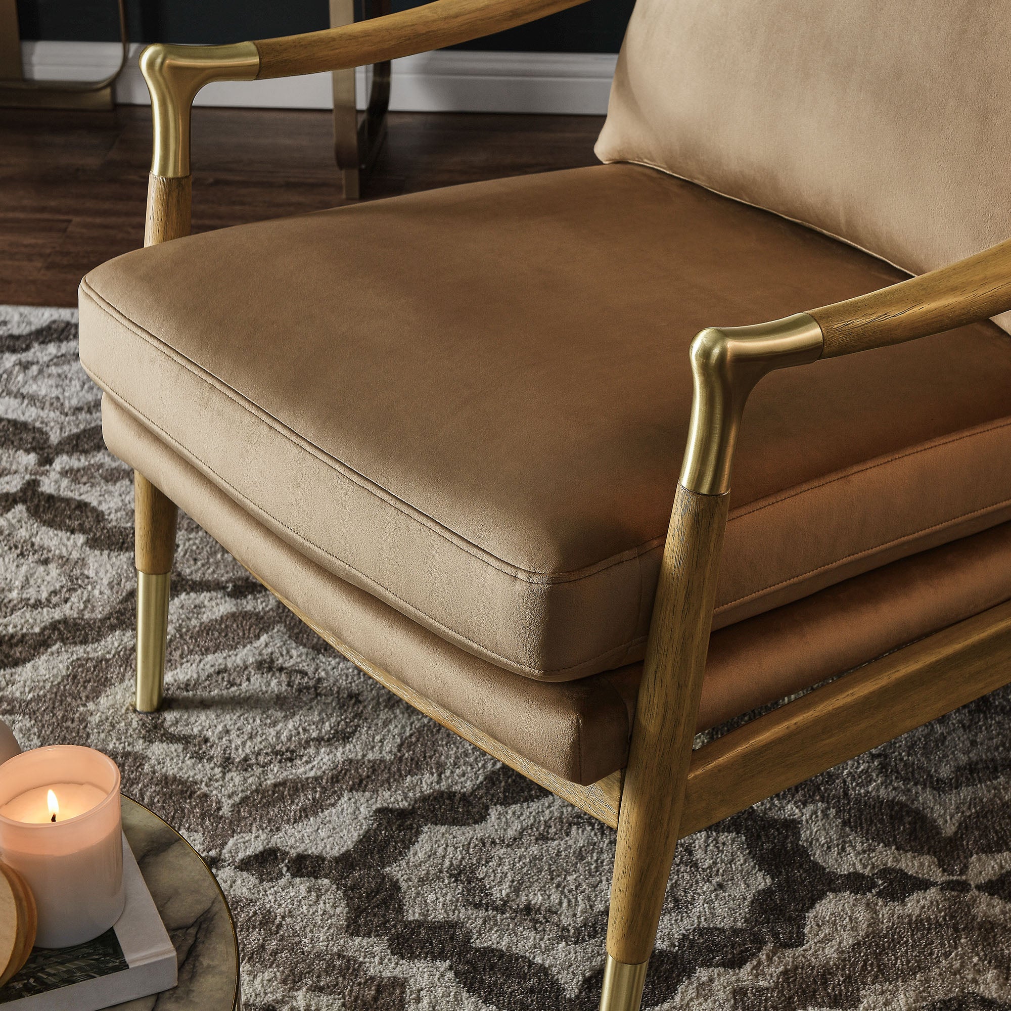Langford Performance Velvet Accent Armchair, Taupe Walnut