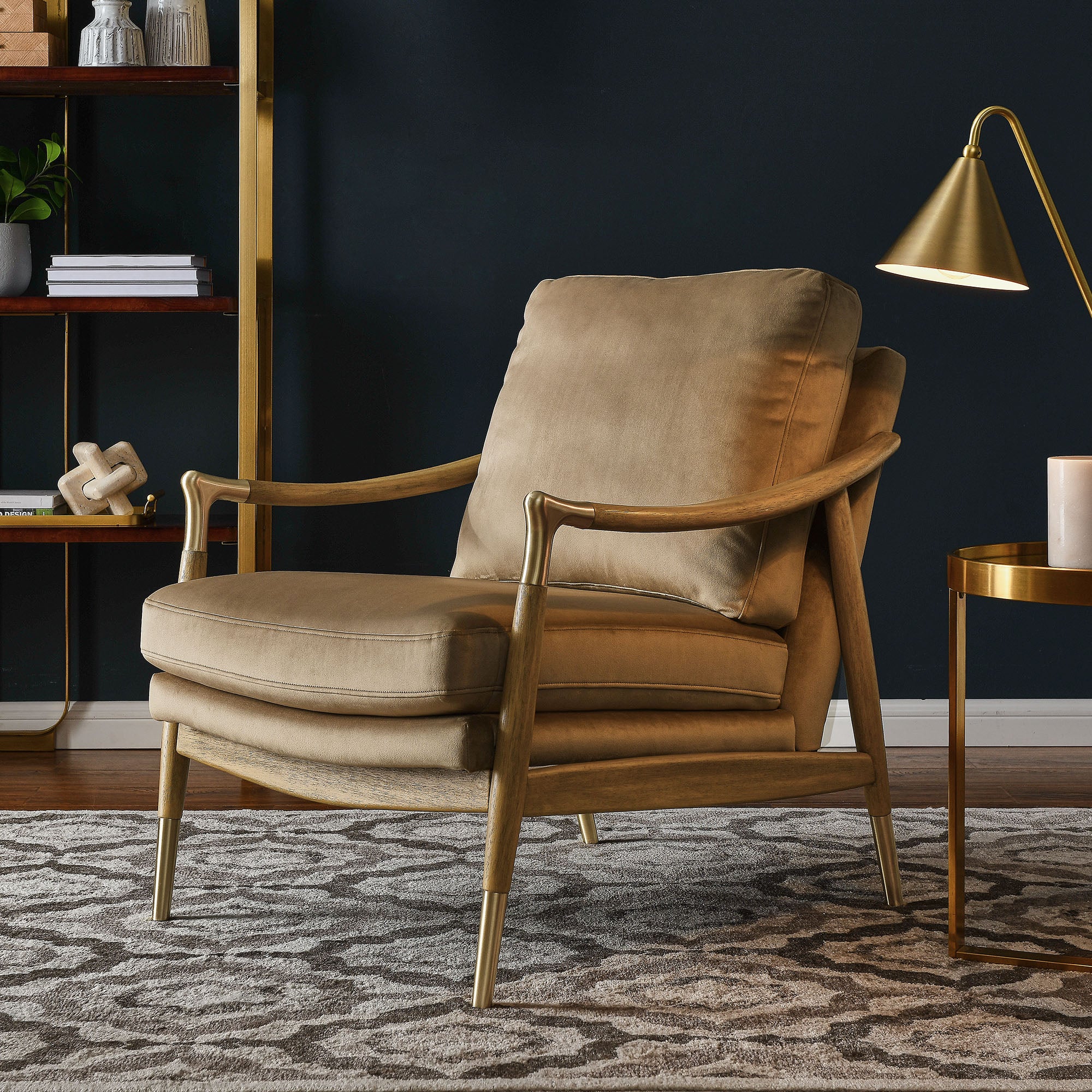 Langford Performance Velvet Accent Armchair, Taupe Walnut