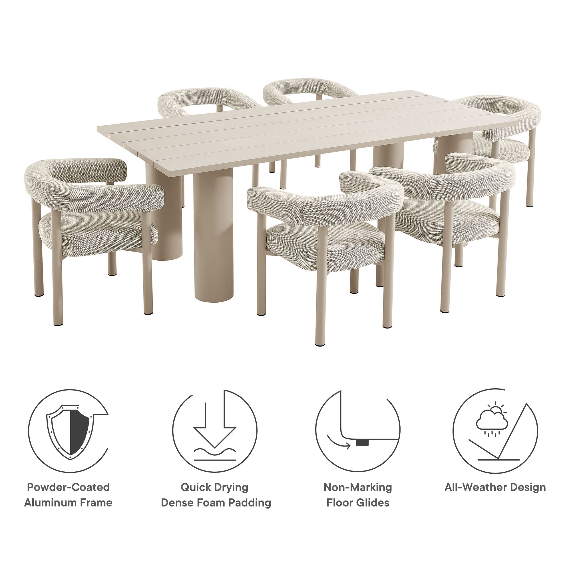 Nautica 7-Piece Rectangular Outdoor Patio Aluminum Dining Table and Chairs Set, Ivory Taupe