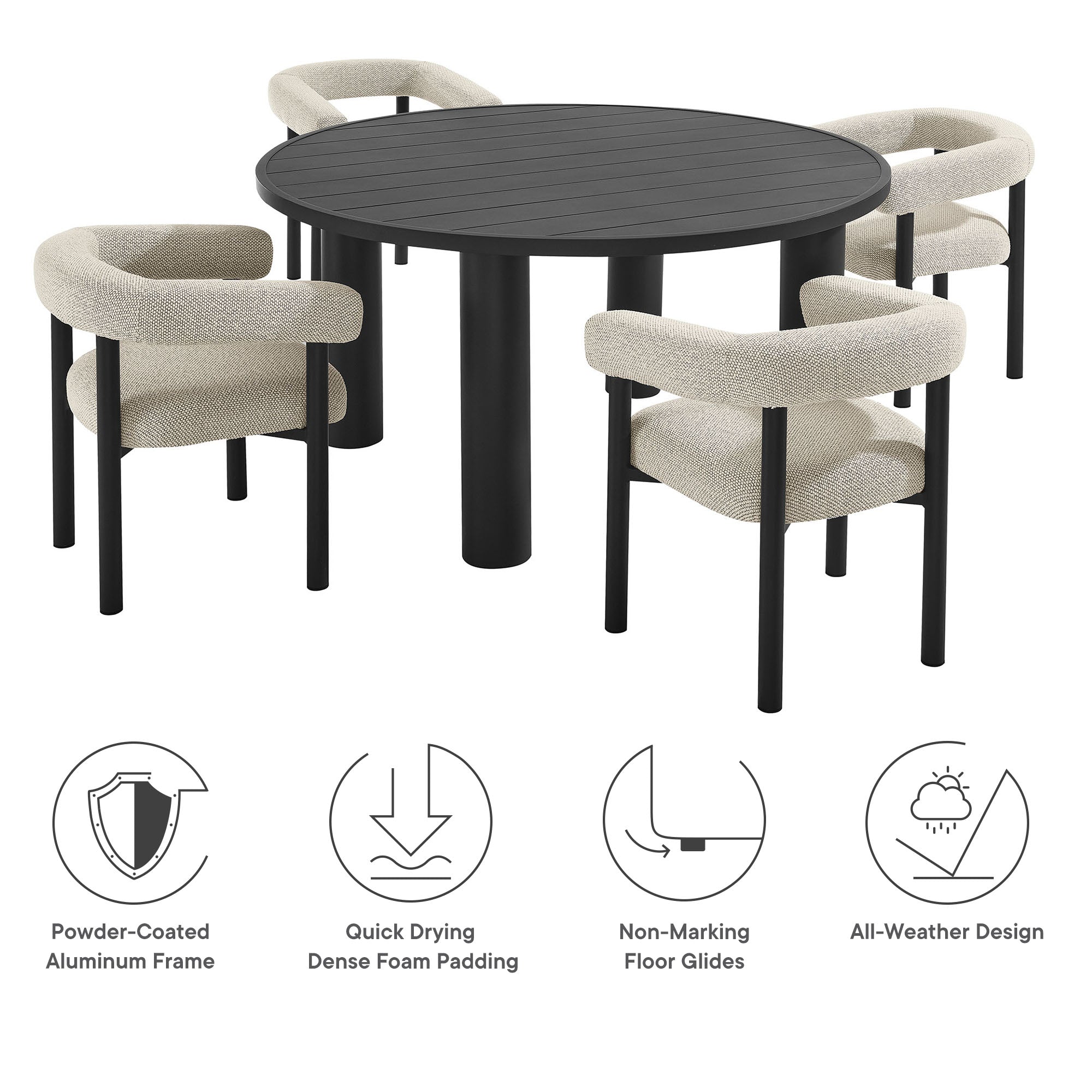 Nautica 5-Piece Round Outdoor Patio Aluminum Dining Table and Chairs Set, Ivory Graphite