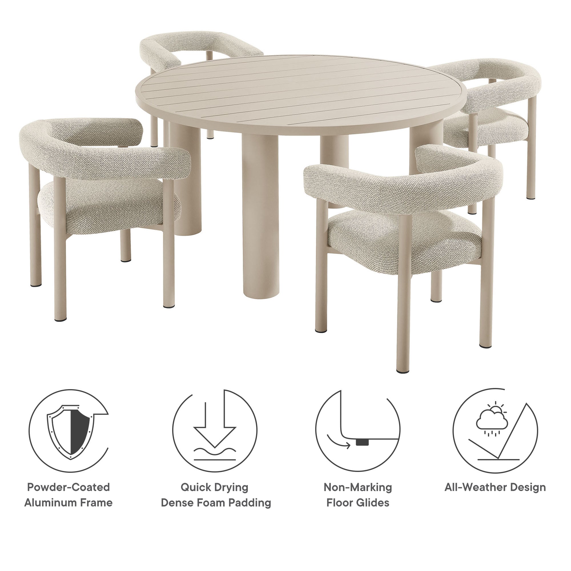 Nautica 5-Piece Round Outdoor Patio Aluminum Dining Table and Chairs Set, Ivory Taupe