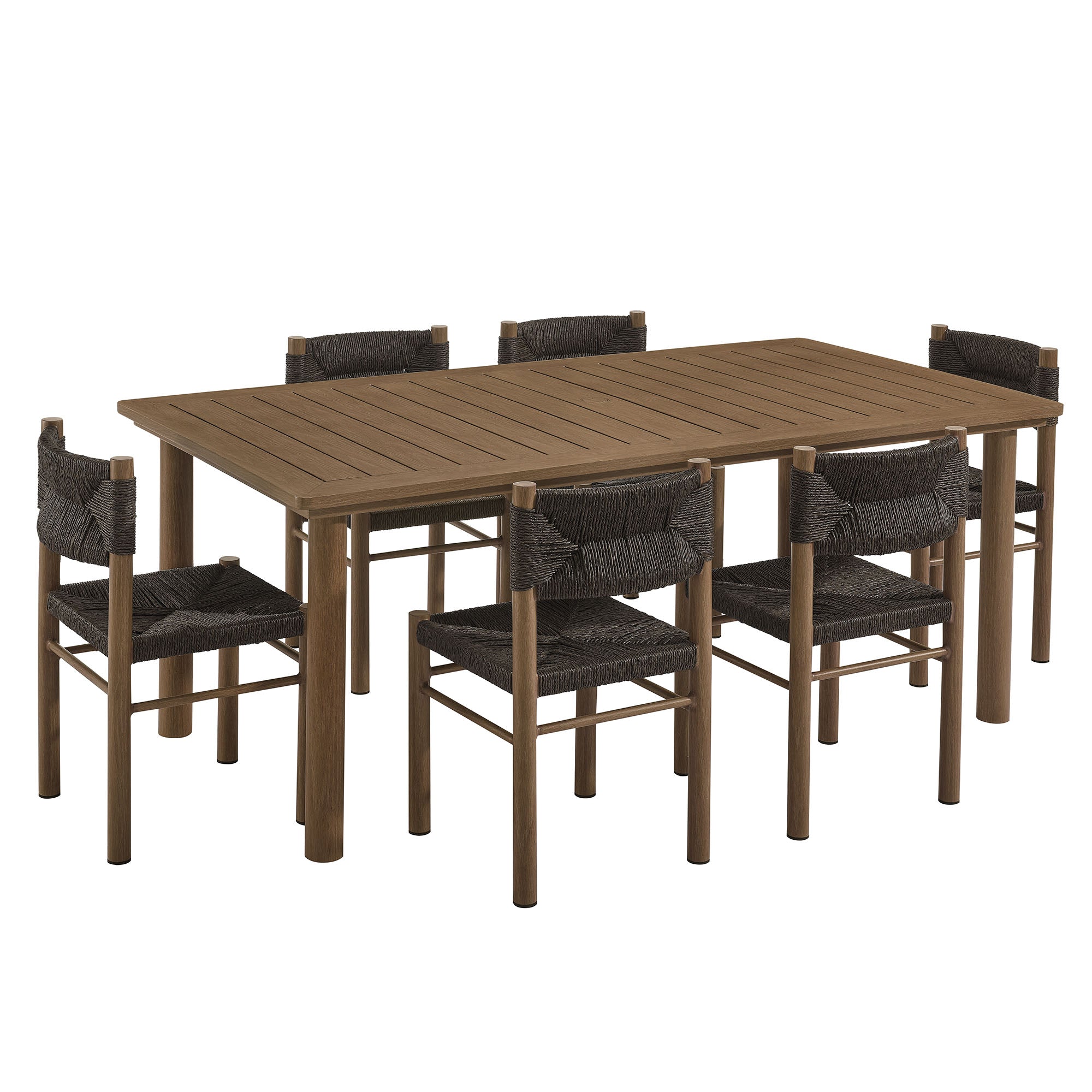 Parkland 7-Piece Rectangular Outdoor Patio Rattan and Aluminum Dining Table and Chairs Set, Walnut