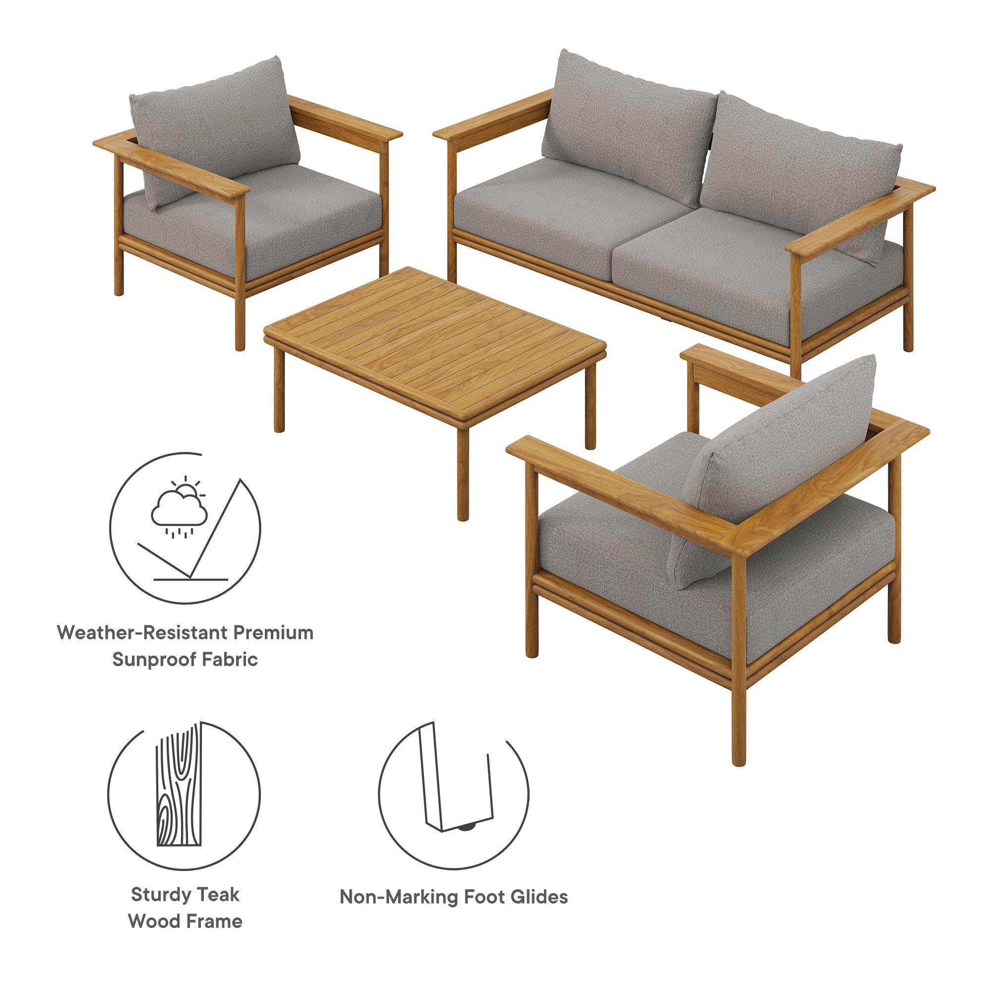 Wren 4-Piece Outdoor Patio Teak Wood Furniture Set, Natural Driftwood