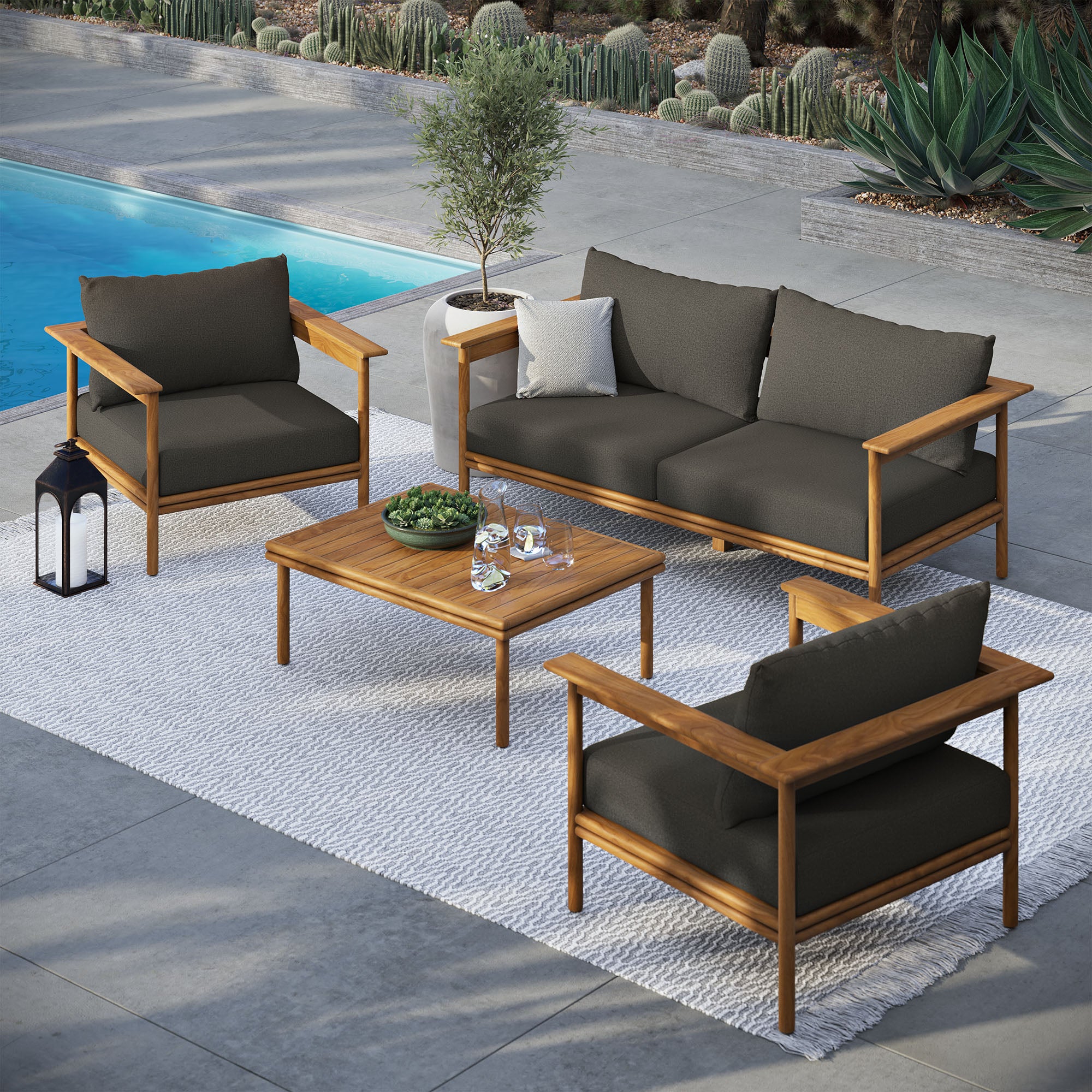 Wren 4-Piece Outdoor Patio Teak Wood Furniture Set, Natural Flint Gray