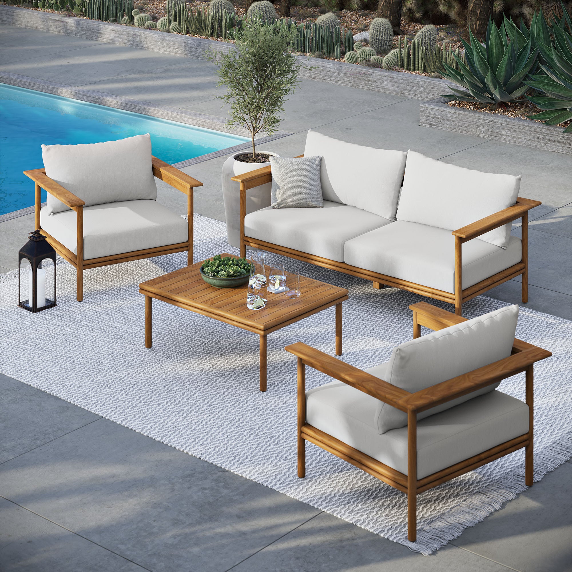 Wren 4-Piece Outdoor Patio Teak Wood Furniture Set, Natural Sail