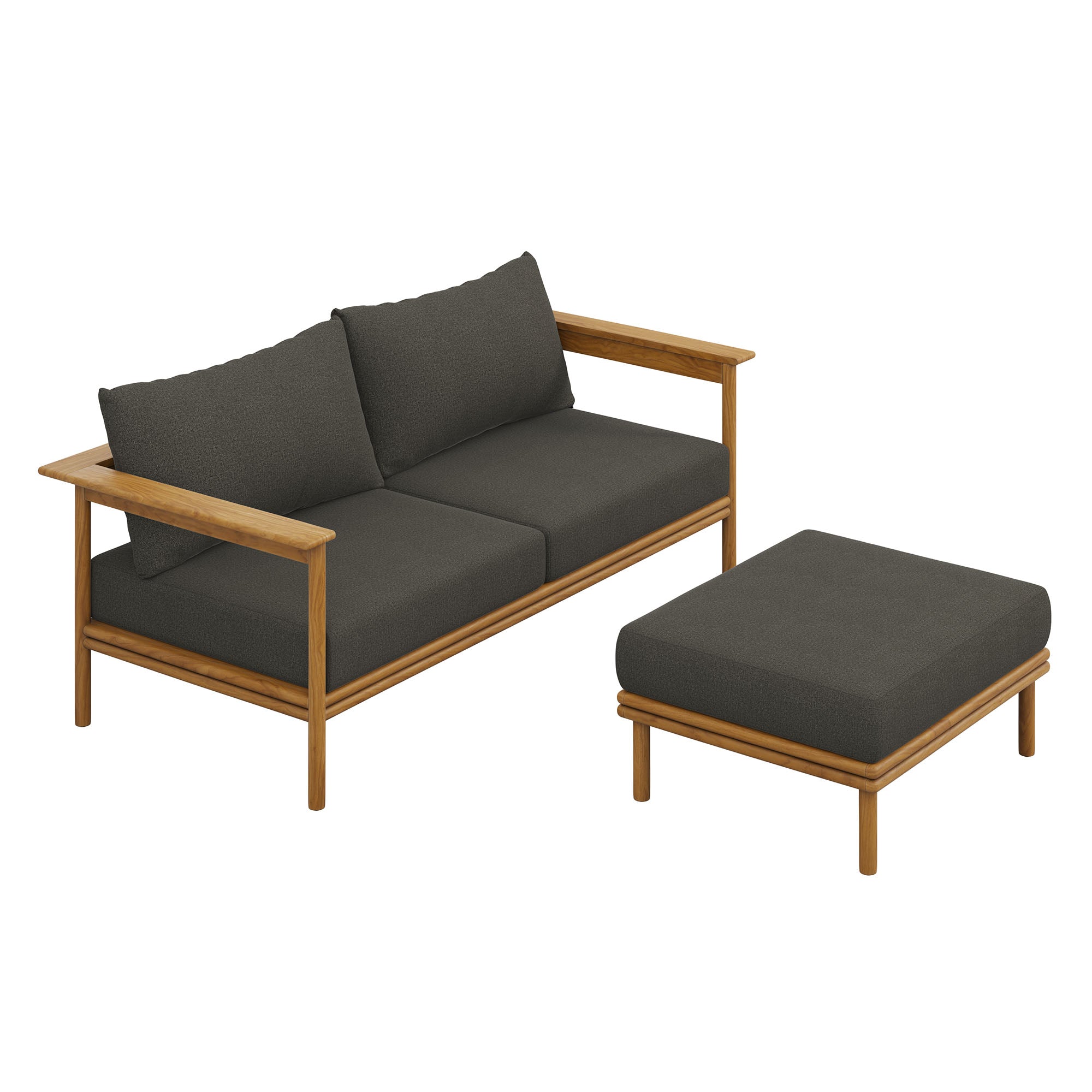 Wren 2-Piece Outdoor Patio Teak Wood Sofa and Ottoman Set, Natural Flint Gray
