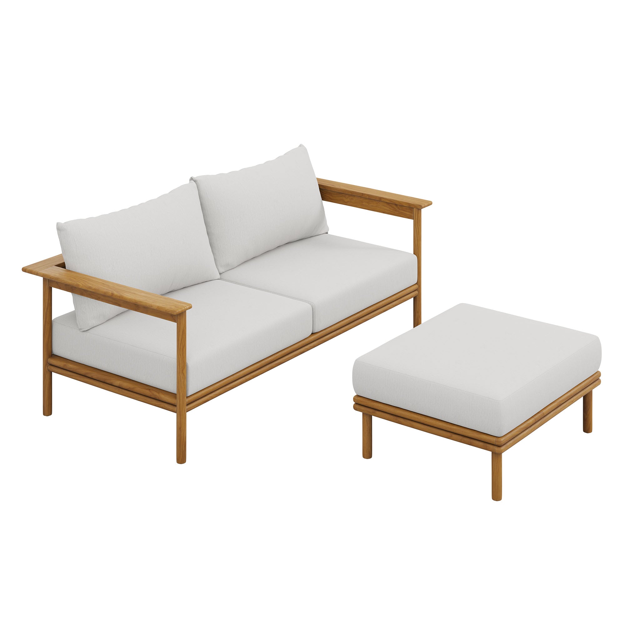 Wren 2-Piece Outdoor Patio Teak Wood Sofa and Ottoman Set, Natural Sail