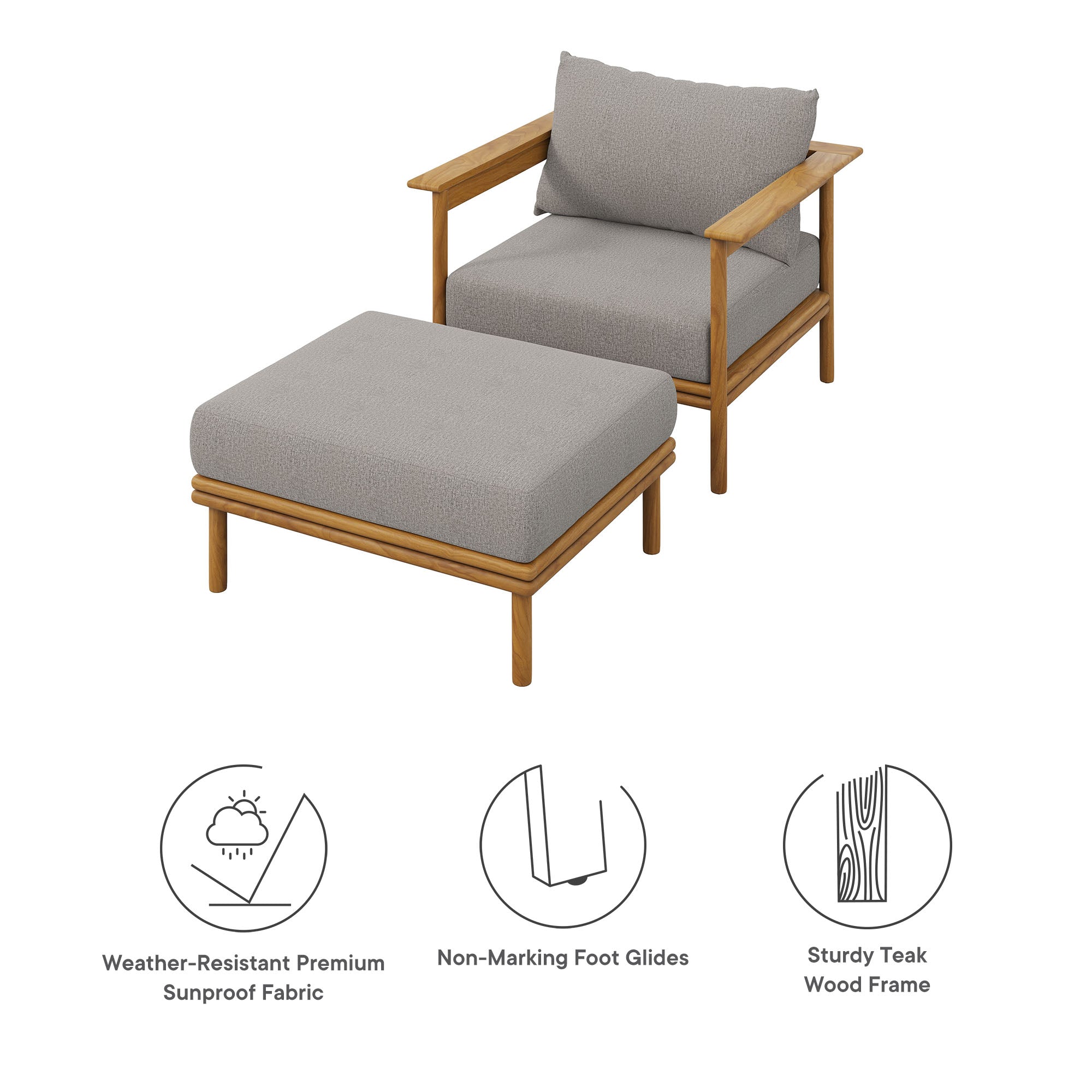Wren Outdoor Patio Teak Wood Armchair and Ottoman Set, Natural Driftwood