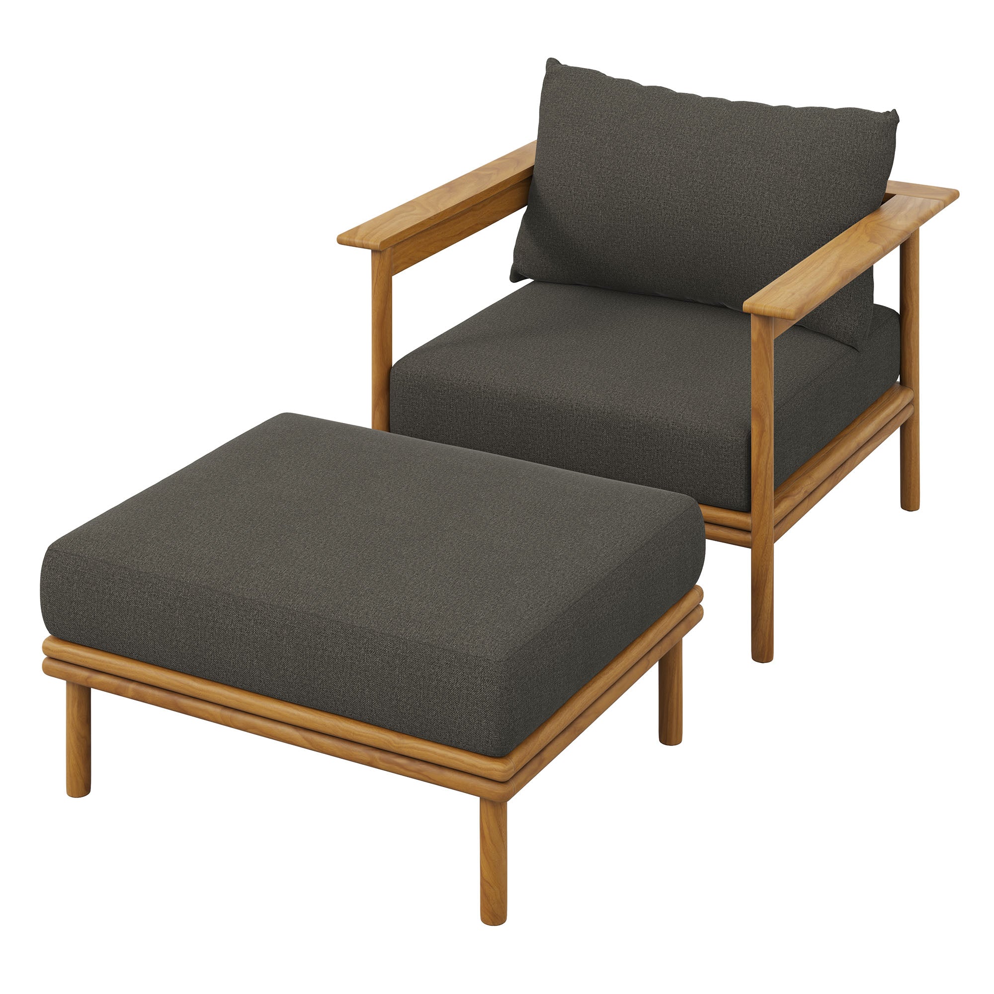 Wren Outdoor Patio Teak Wood Armchair and Ottoman Set, Natural Flint Gray