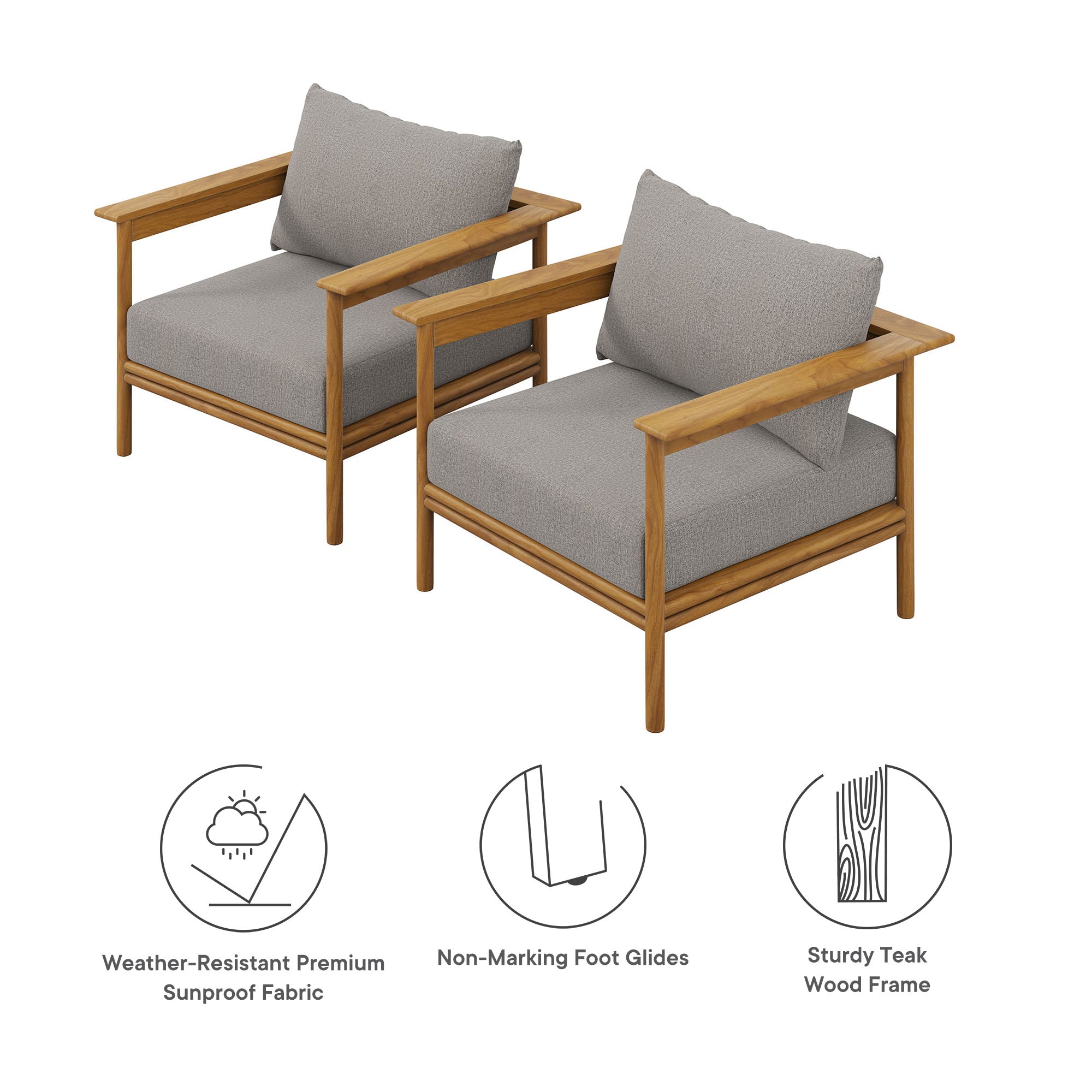 Wren Outdoor Patio Teak Wood Armchair Set of 2, Natural Driftwood