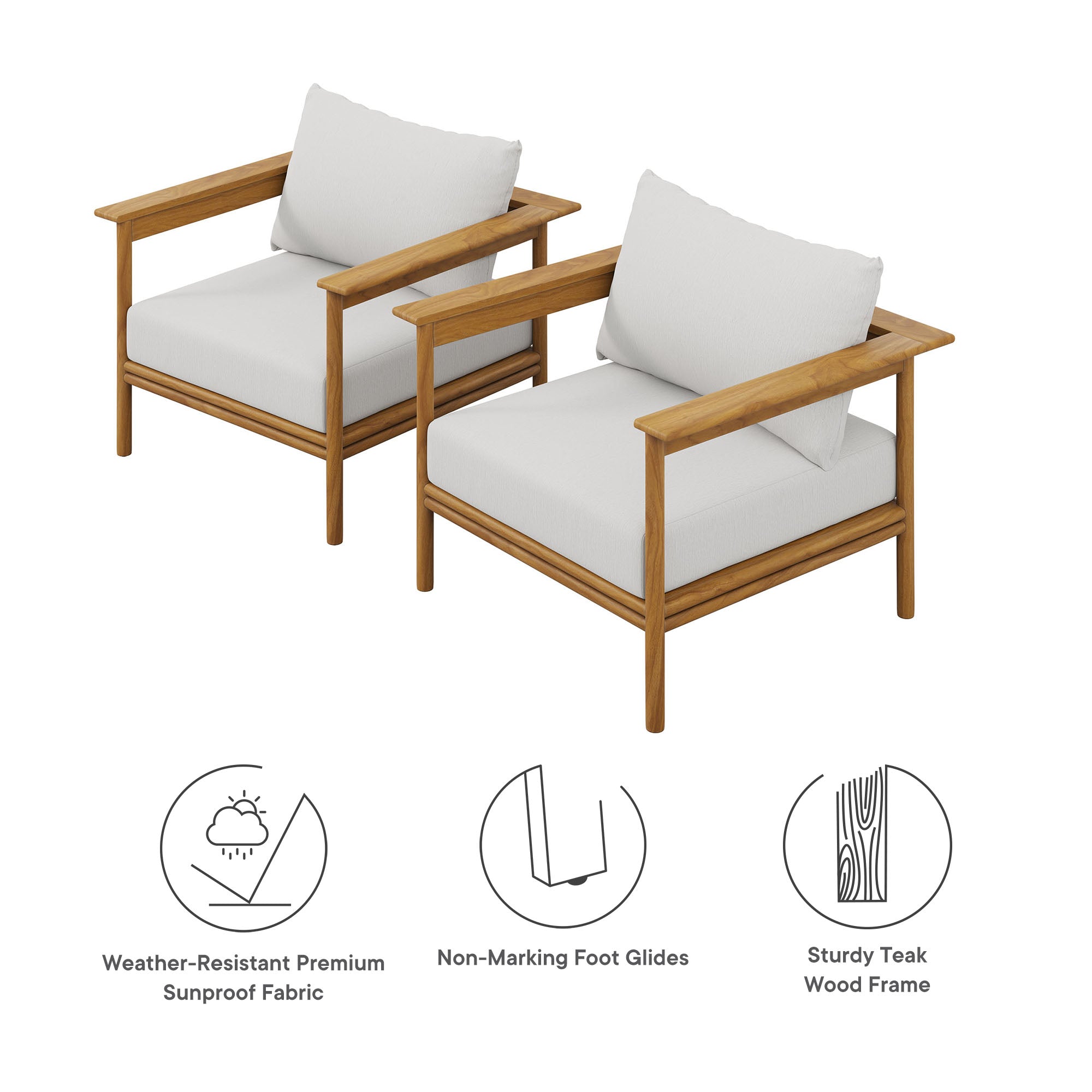 Wren Outdoor Patio Teak Wood Armchair Set of 2, Natural Sail