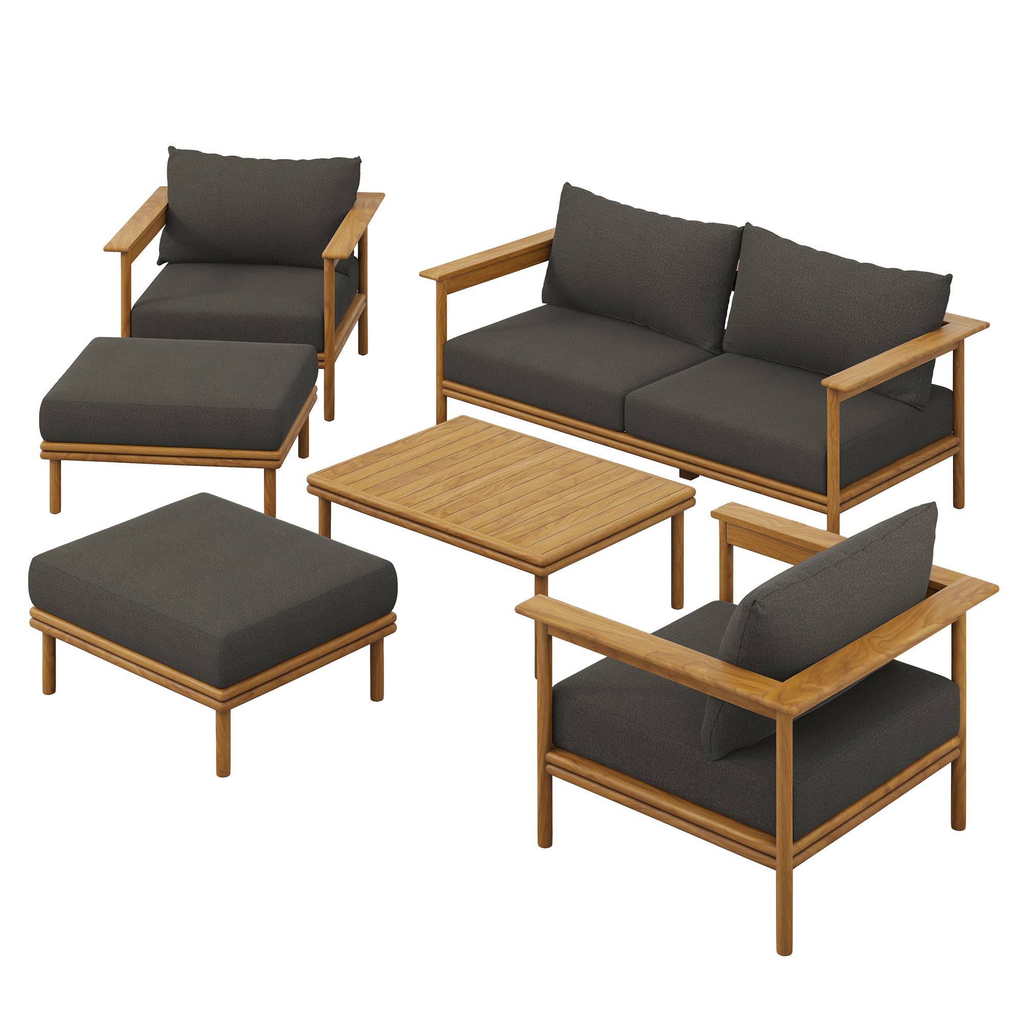 Wren 6-Piece Outdoor Patio Teak Wood Furniture Set, Natural Flint Gray