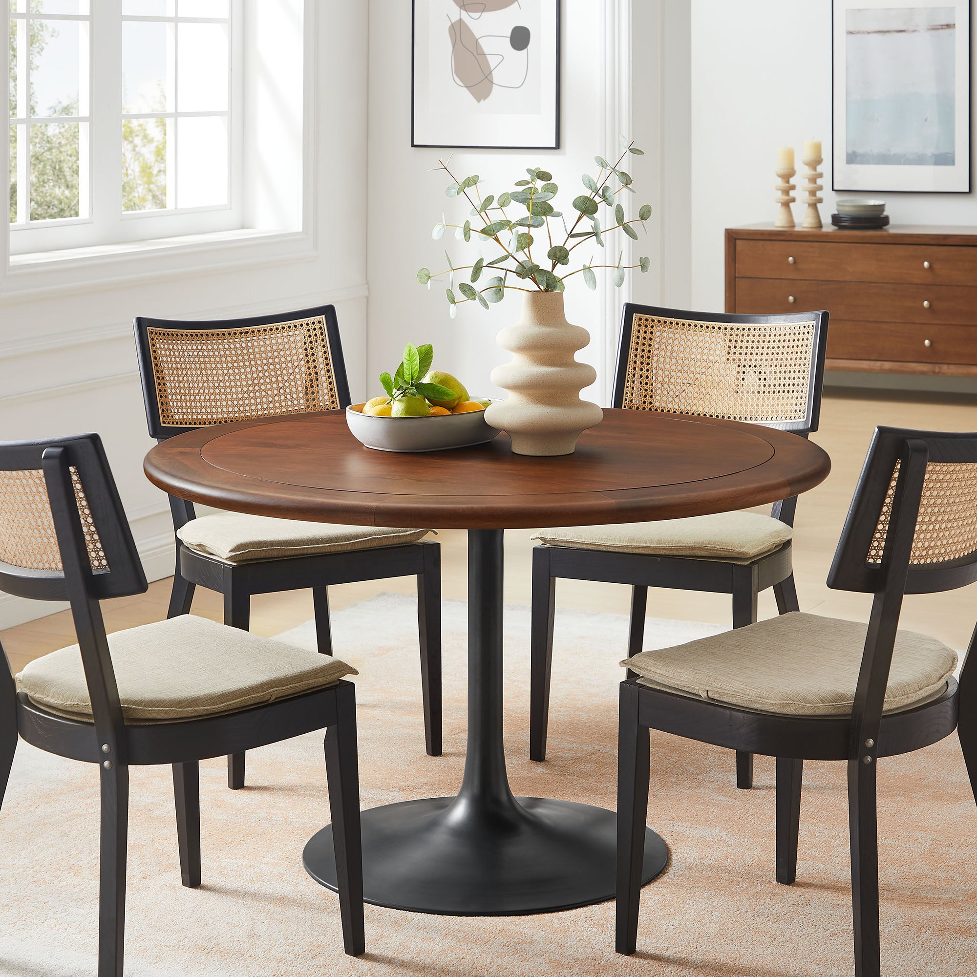 Lippa 48" Round Pedestal Solid Wood Dining Table, Black Walnut