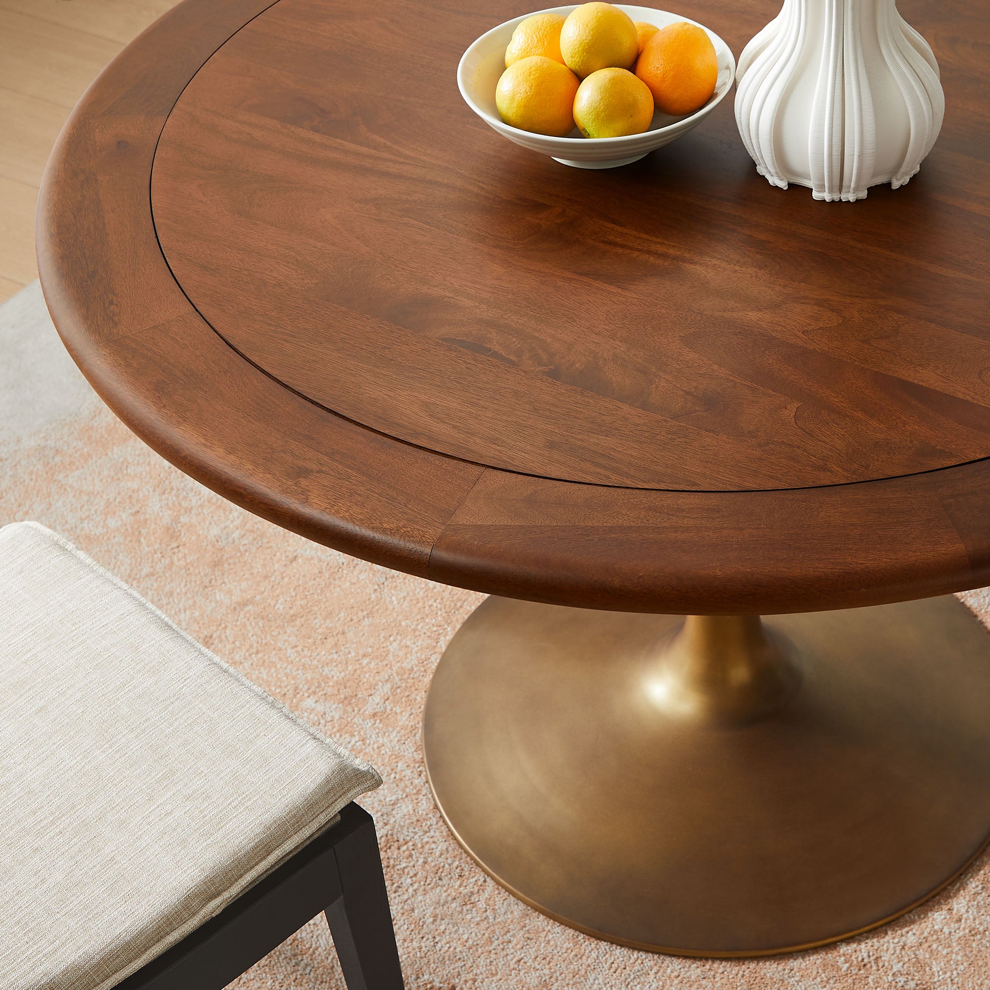 Lippa 48" Round Pedestal Solid Wood Dining Table, Brass Walnut