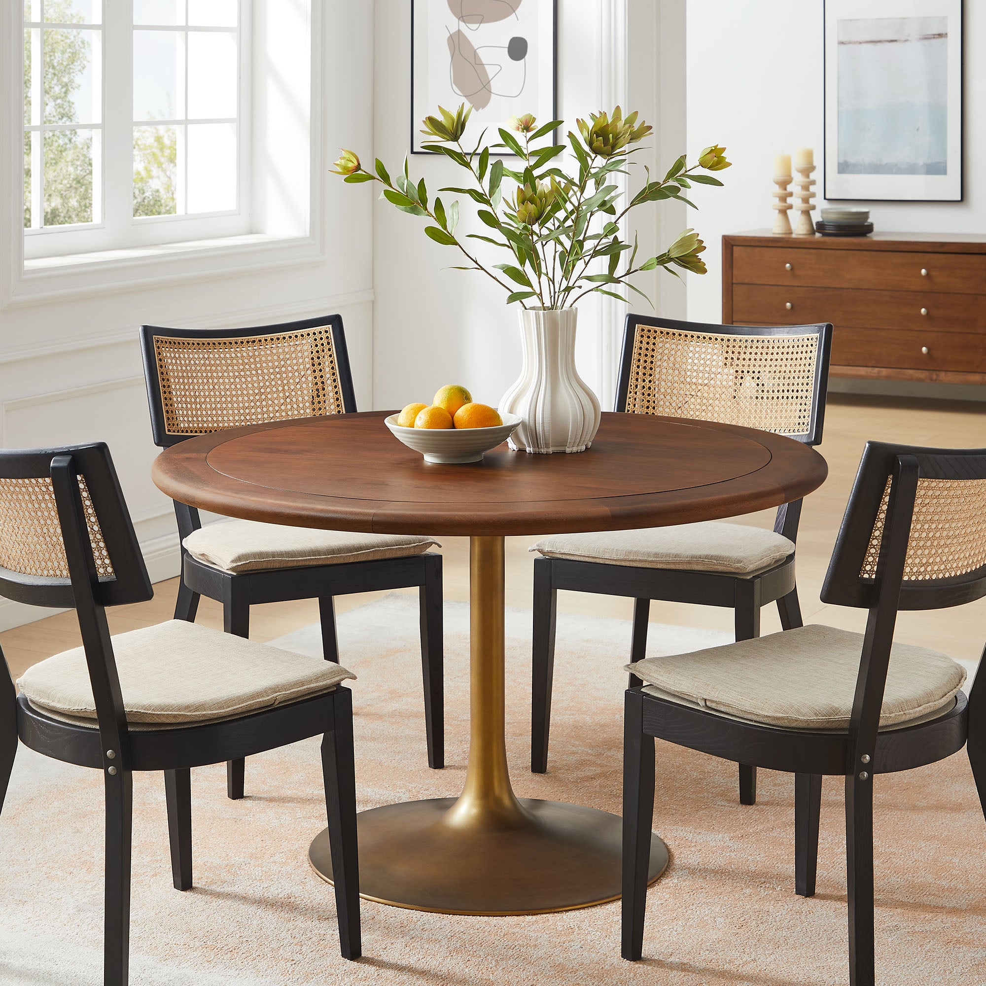 Lippa 48" Round Pedestal Solid Wood Dining Table, Brass Walnut