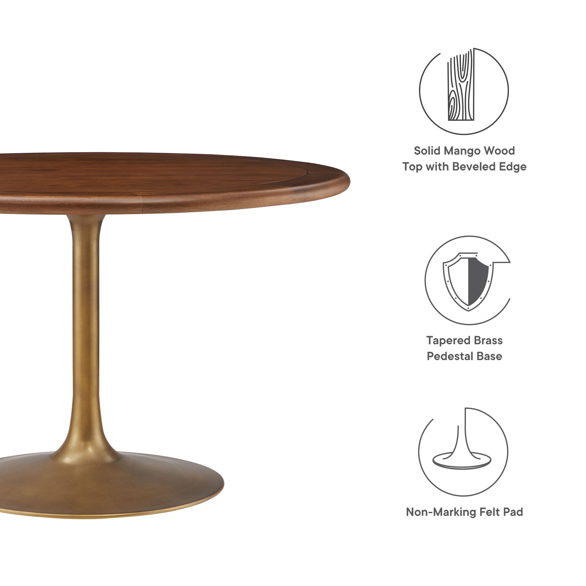 Lippa 48" Round Pedestal Solid Wood Dining Table, Brass Walnut