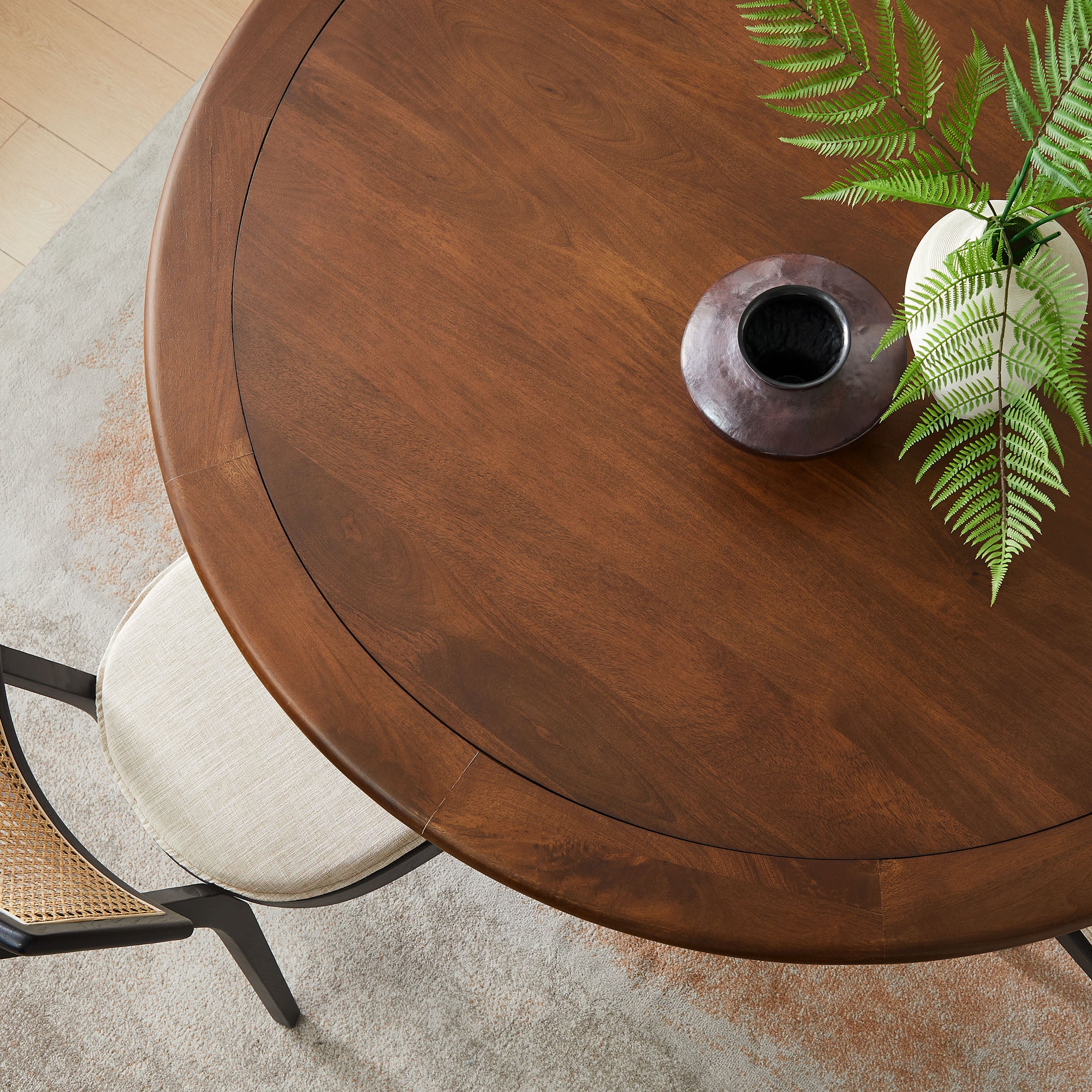 Lippa 60" Round Pedestal Solid Wood Dining Table, Brass Walnut