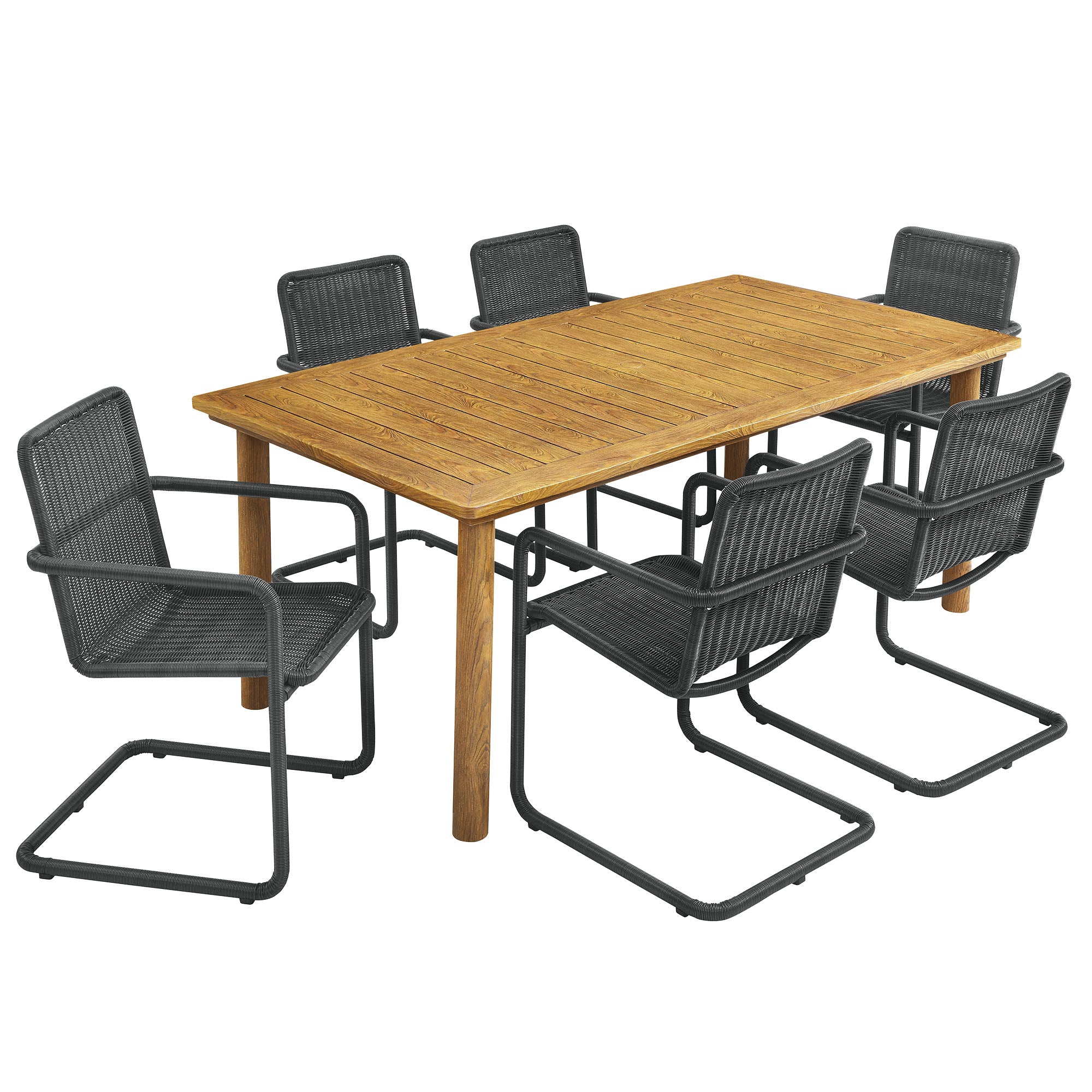 Abacus 7-Piece Rectangular Outdoor Patio Aluminum Dining Table Set with Rattan Armchairs, Slate Natural