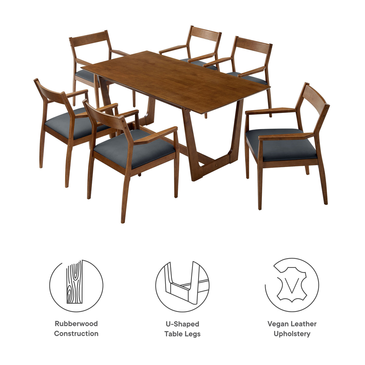 Solara 7-Piece Wood Dining Set with Vegan Leather Armchairs, Walnut Black