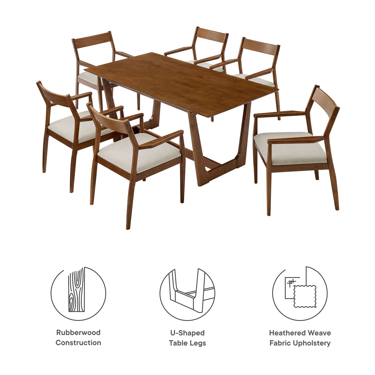Solara 7-Piece Wood Dining Set with Fabric Upholstered Armchairs, Walnut Heathered Weave Beige