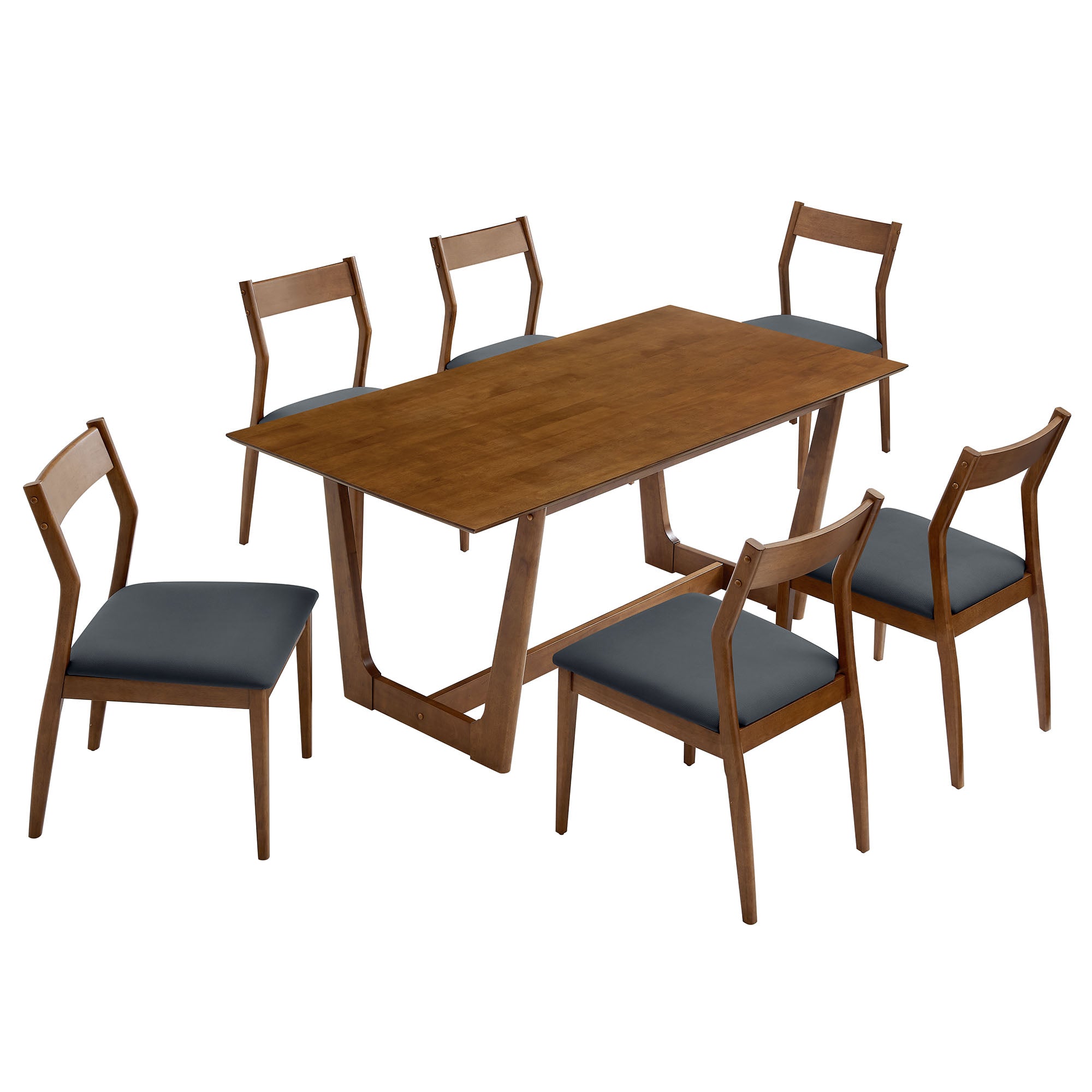 Solara 7-Piece Wood Dining Set with Vegan Leather Side Chairs, Walnut Black