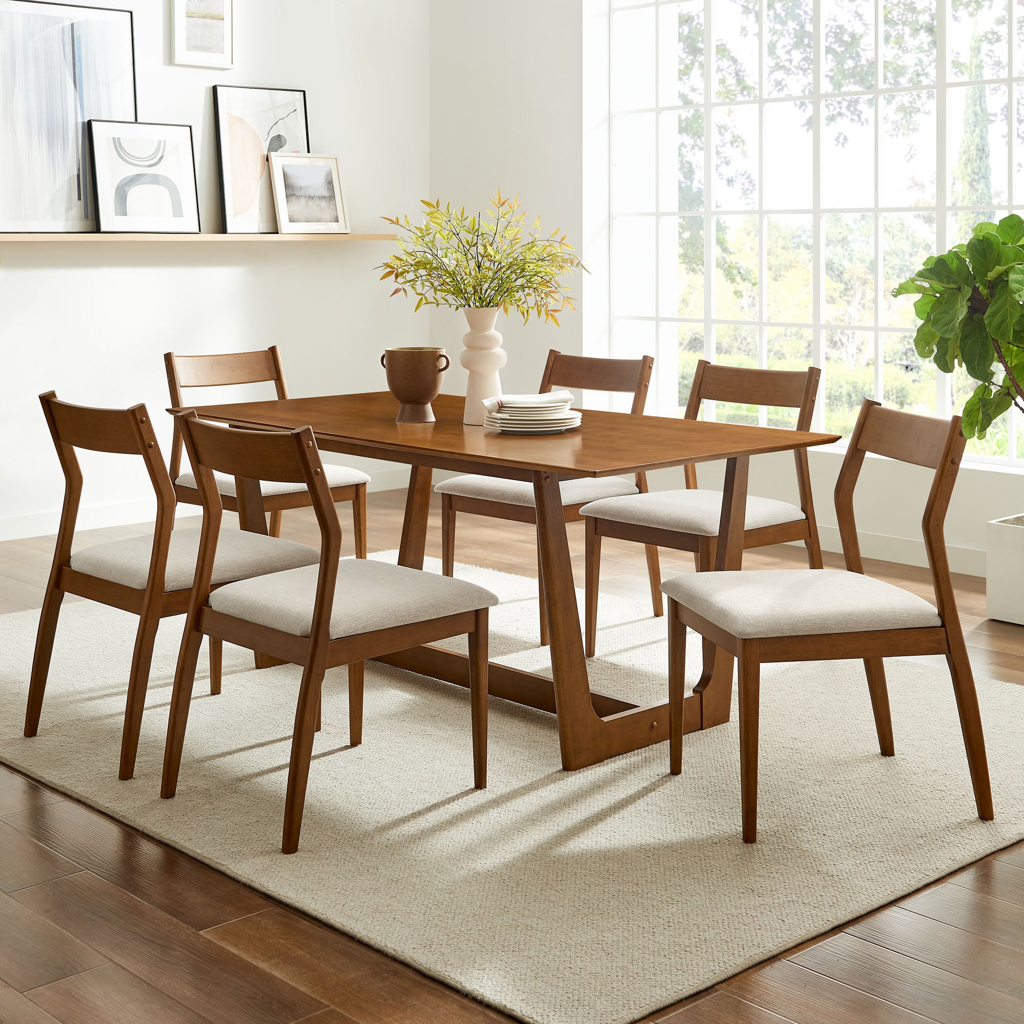 Solara 7-Piece Wood Dining Set with Fabric Upholstered Side Chairs, Walnut Heathered Weave Beige