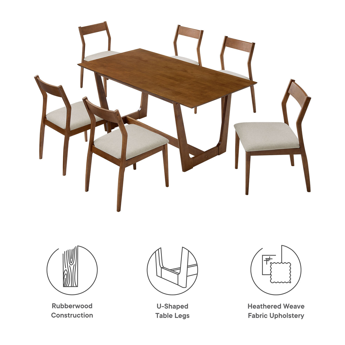 Solara 7-Piece Wood Dining Set with Fabric Upholstered Side Chairs, Walnut Heathered Weave Beige