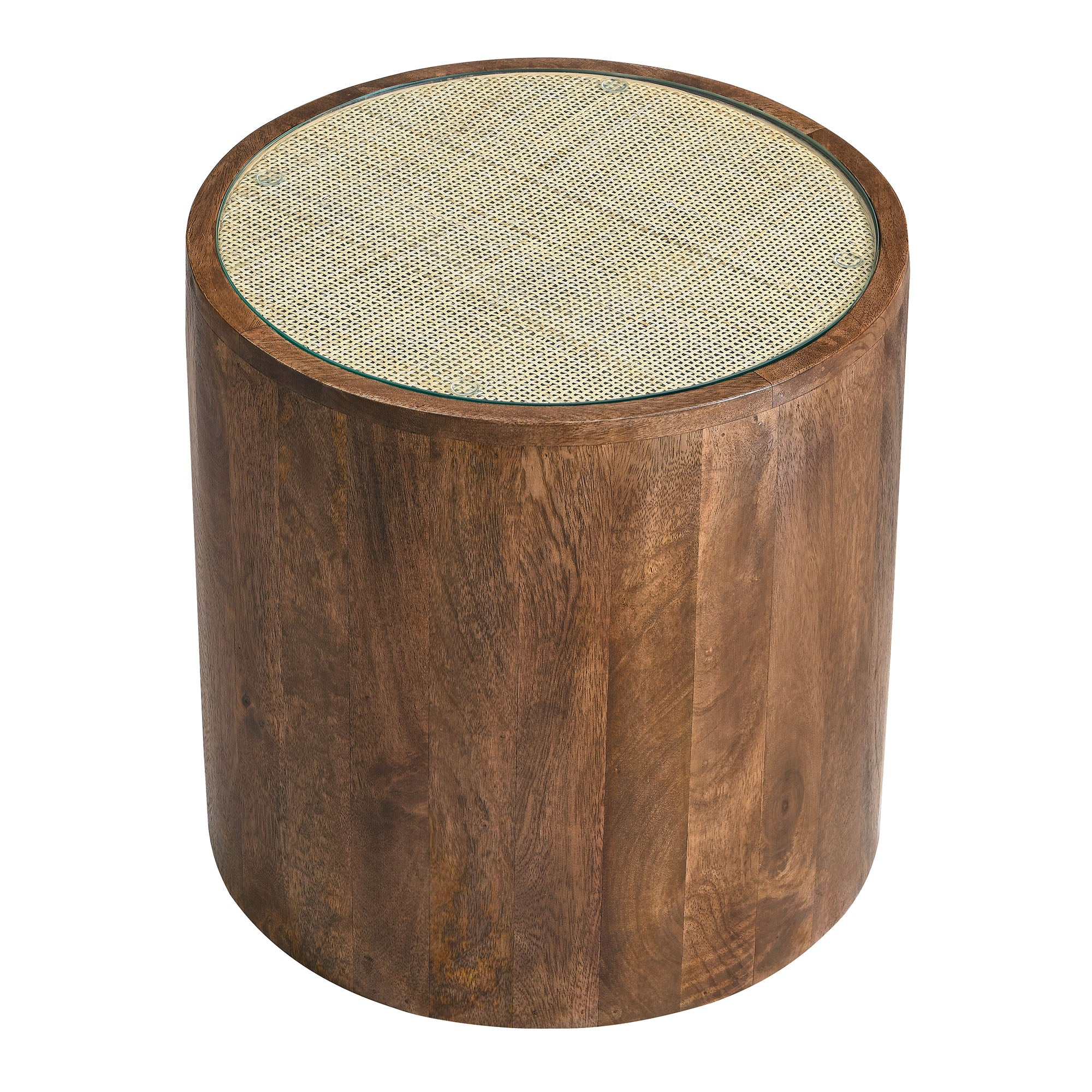 Truett Round Wood Rattan Side Table, Walnut