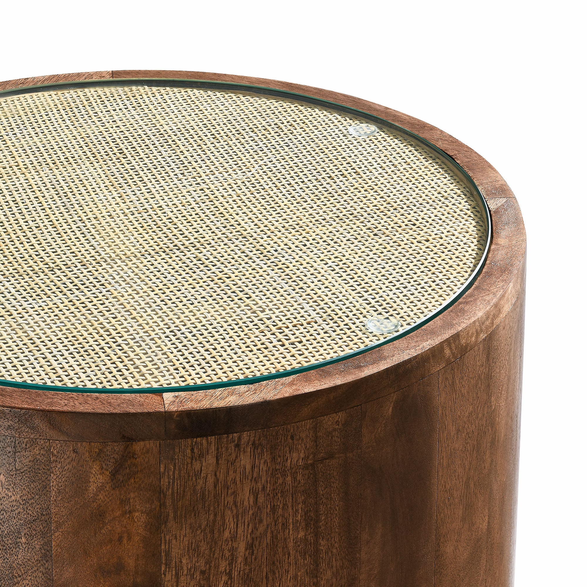 Truett Round Wood Rattan Side Table, Walnut