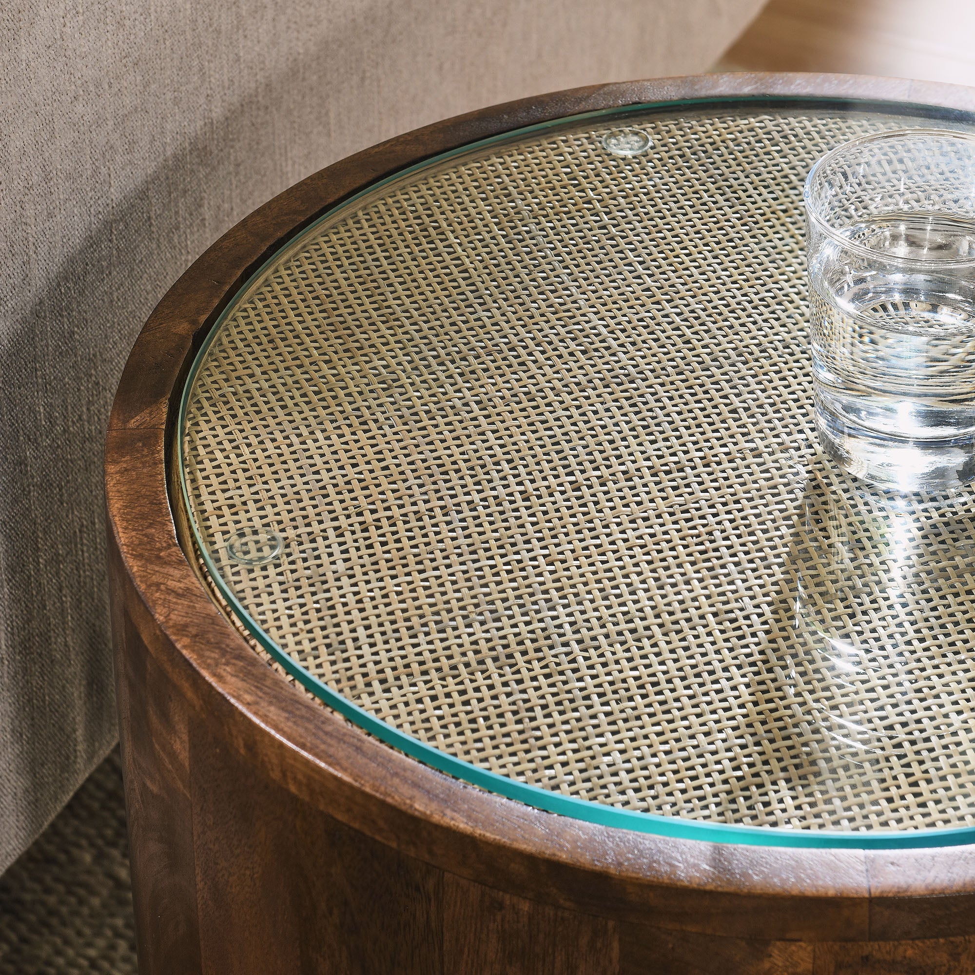 Truett Round Wood Rattan Side Table, Walnut
