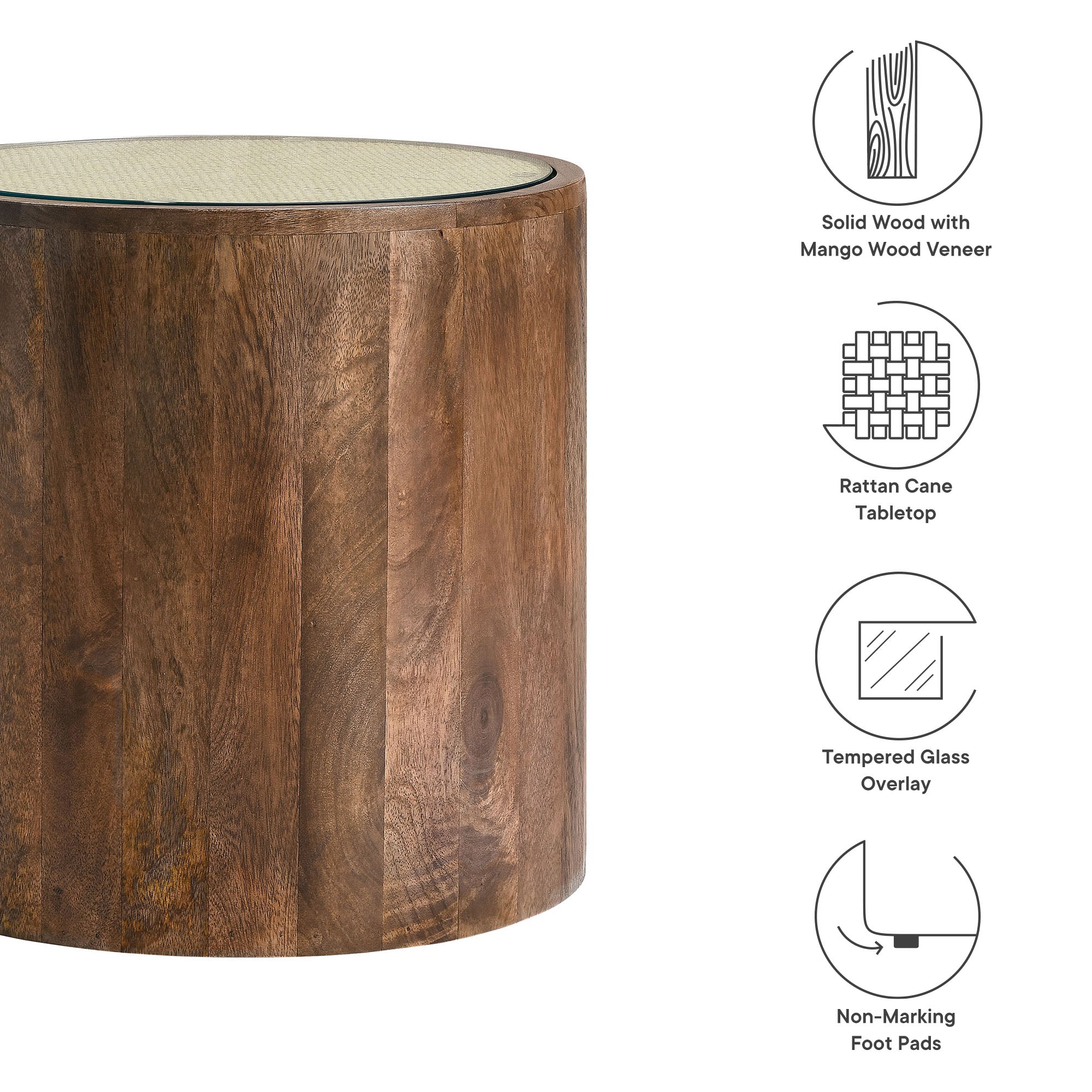 Truett Round Wood Rattan Side Table, Walnut